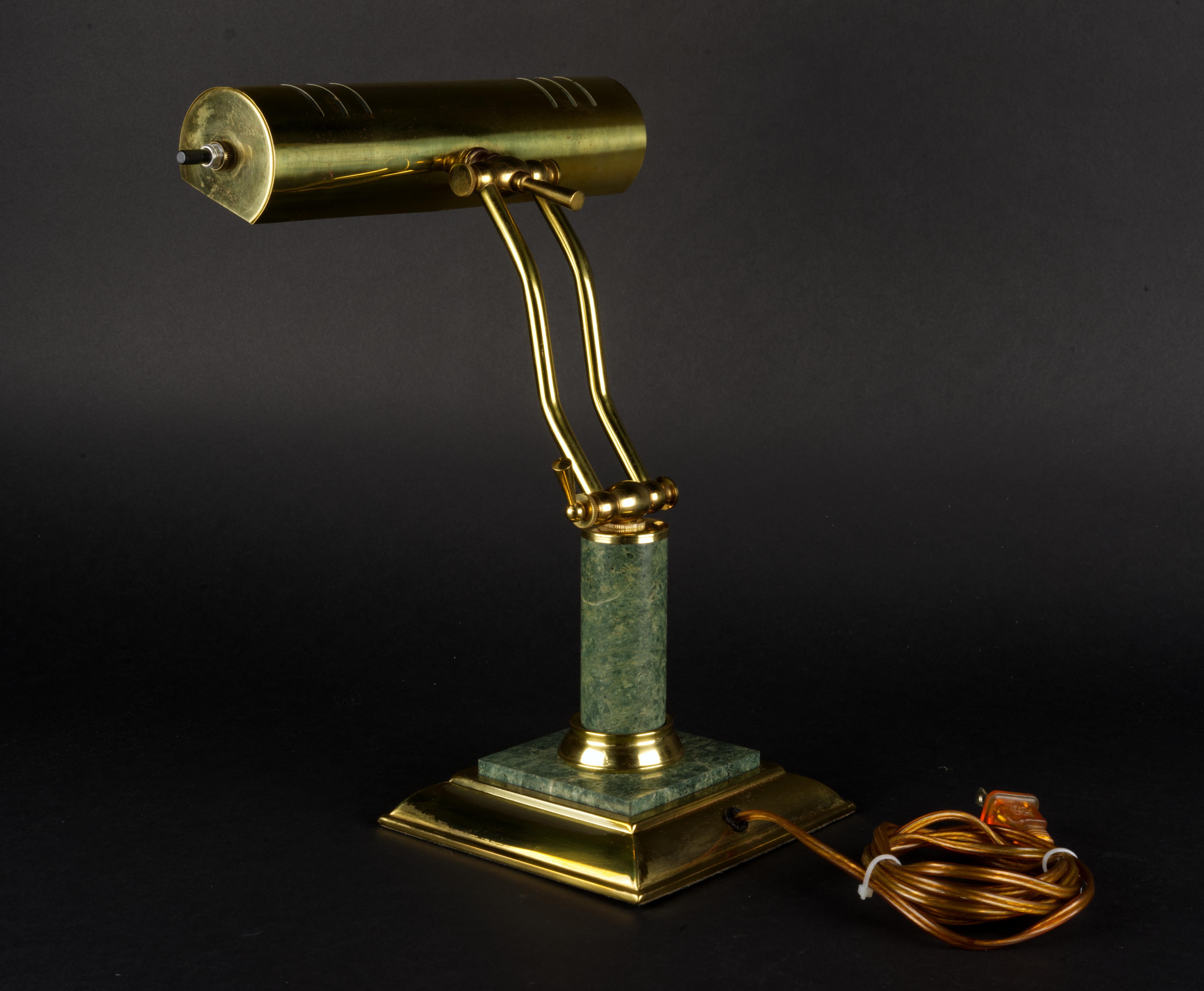 American 1970s Bankers Lamp in Brass and Green Marble