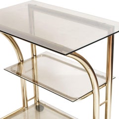 1970s Bar Cart, Occasional Table, Console, in Gilt Brass with 3 Cristal Shelves