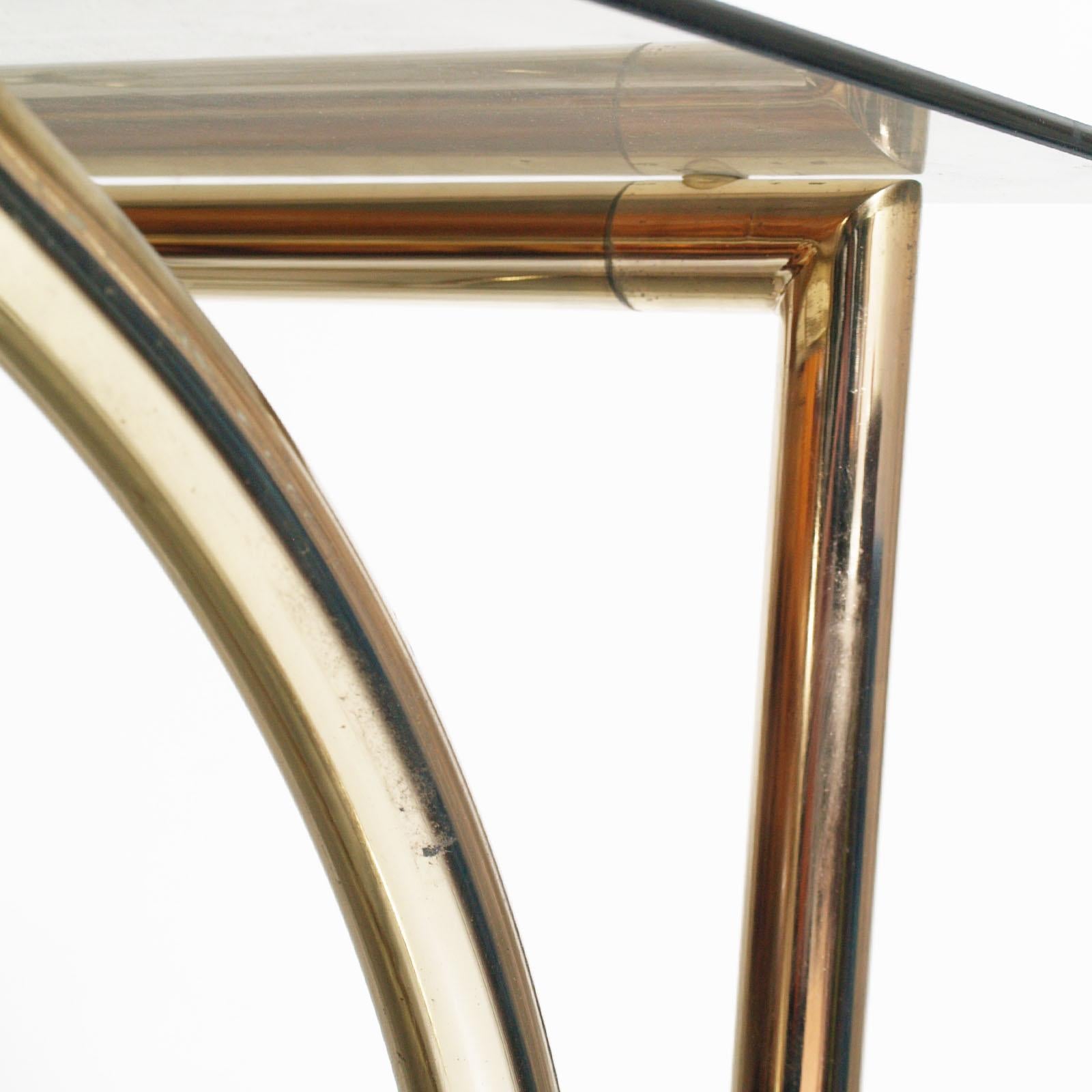 Mid-Century Modern 1970s Bar Cart, Occasional Table, Console, in Gilt Brass with 3 Cristal Shelves For Sale