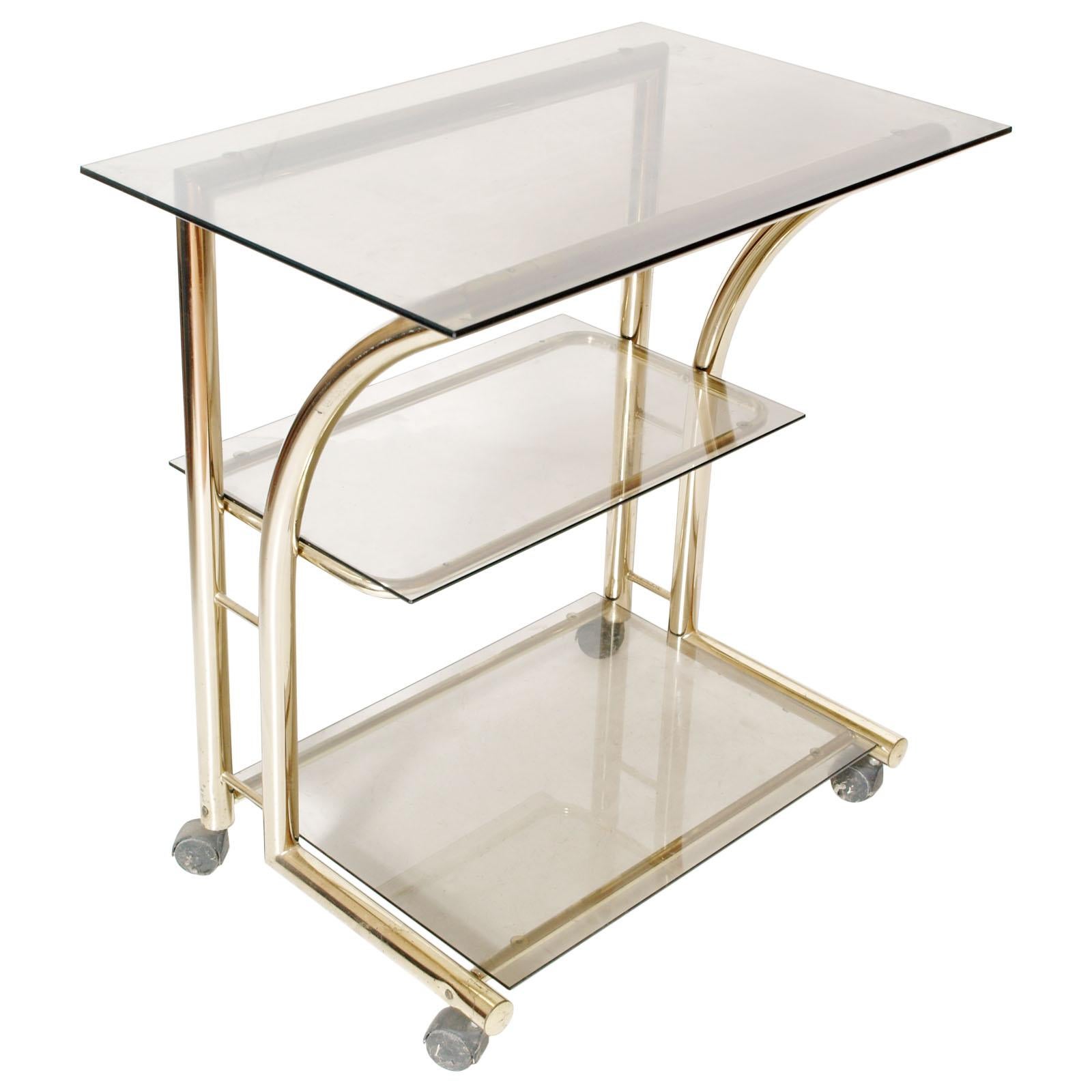 1970s Bar Cart, Occasional Table, Console, in Gilt Brass with 3 Cristal Shelves