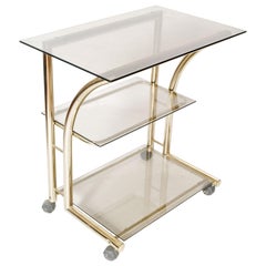 Vintage 1970s Bar Cart, Occasional Table, Console, in Gilt Brass with 3 Cristal Shelves