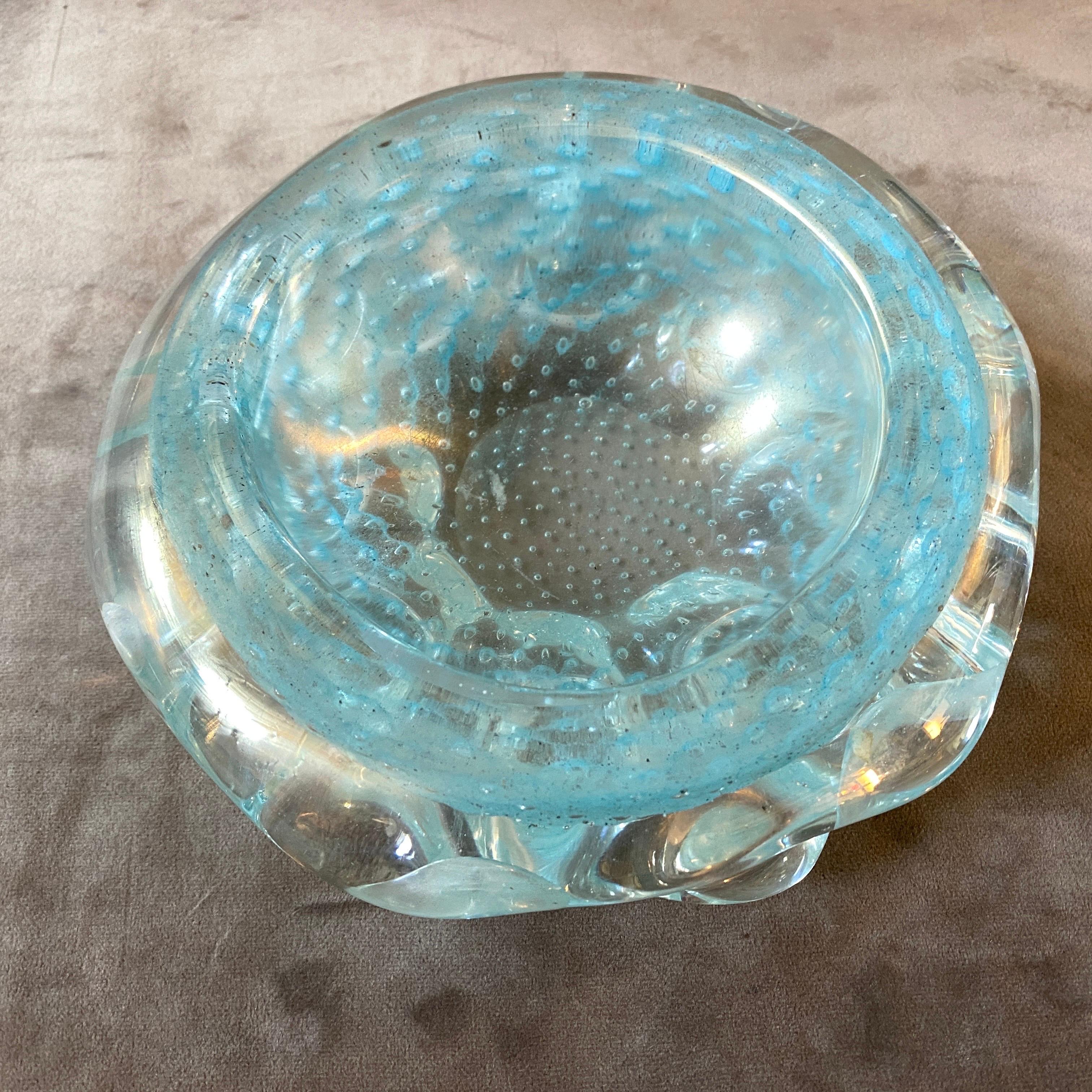 A Bullicante light blue murano glass ashtray made in Venice in the Seventies, it's in perfect conditions and it can be used also as a decorative bowl. The totally hand-crafted processing makes each of these object unique. The Barovier company, known