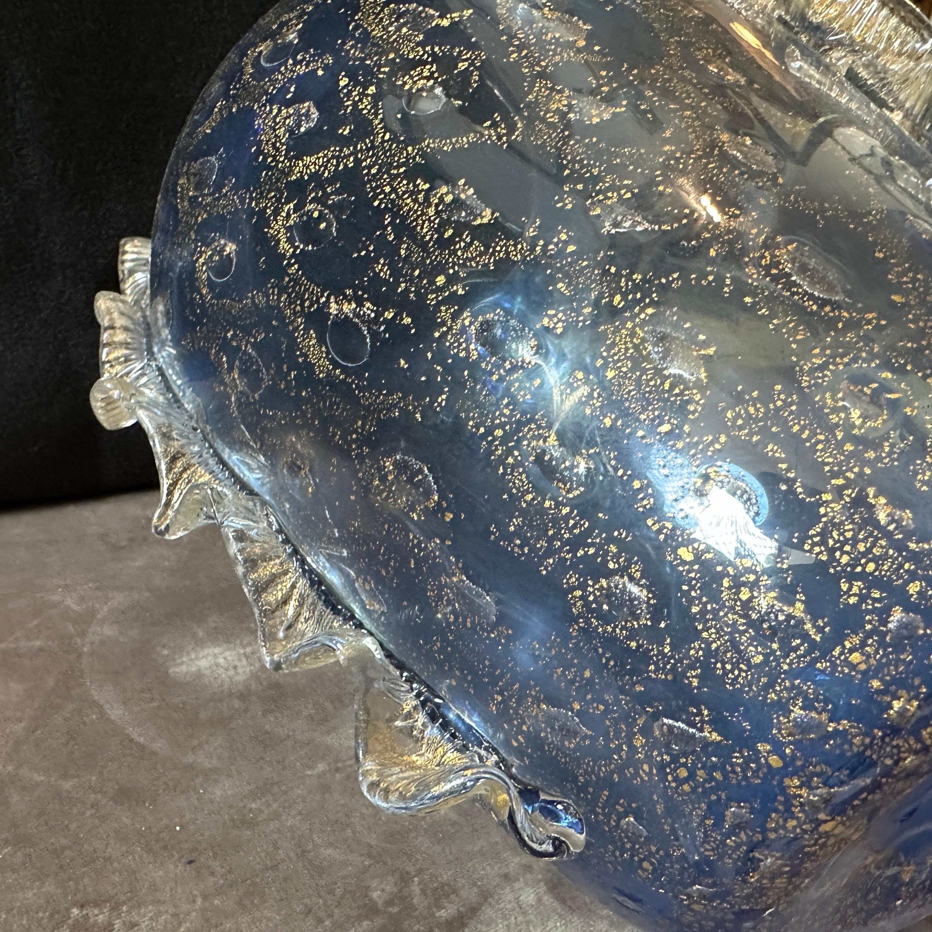 1970s Barovier Style Modern Blue and Gold Murano Glass Vase For Sale 5