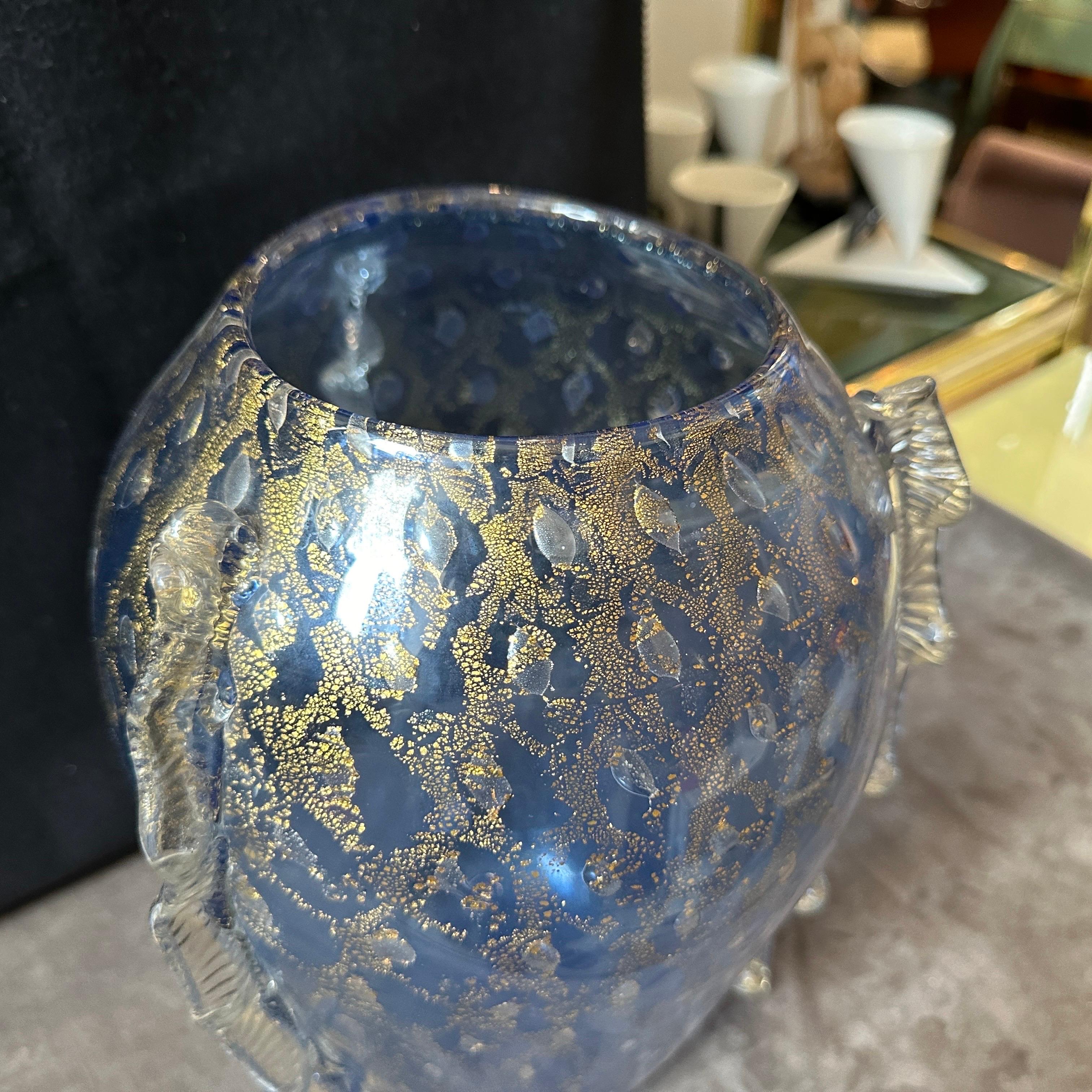 Italian 1970s Barovier Style Modern Blue and Gold Murano Glass Vase For Sale