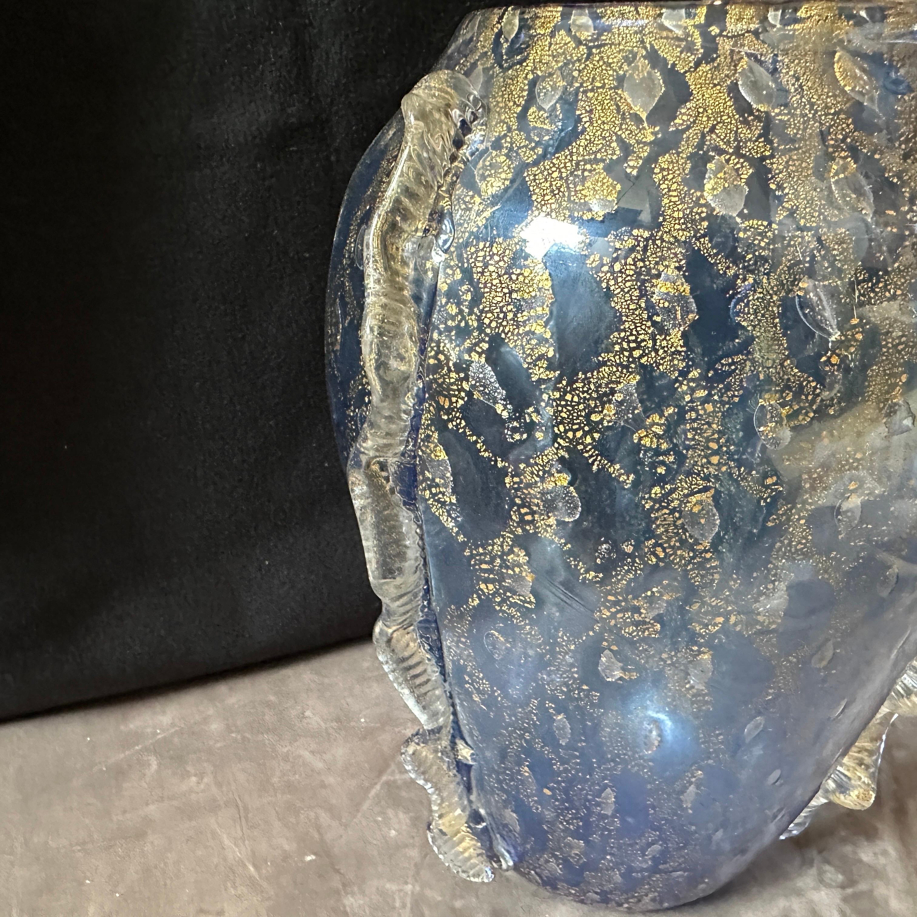 20th Century 1970s Barovier Style Modern Blue and Gold Murano Glass Vase For Sale