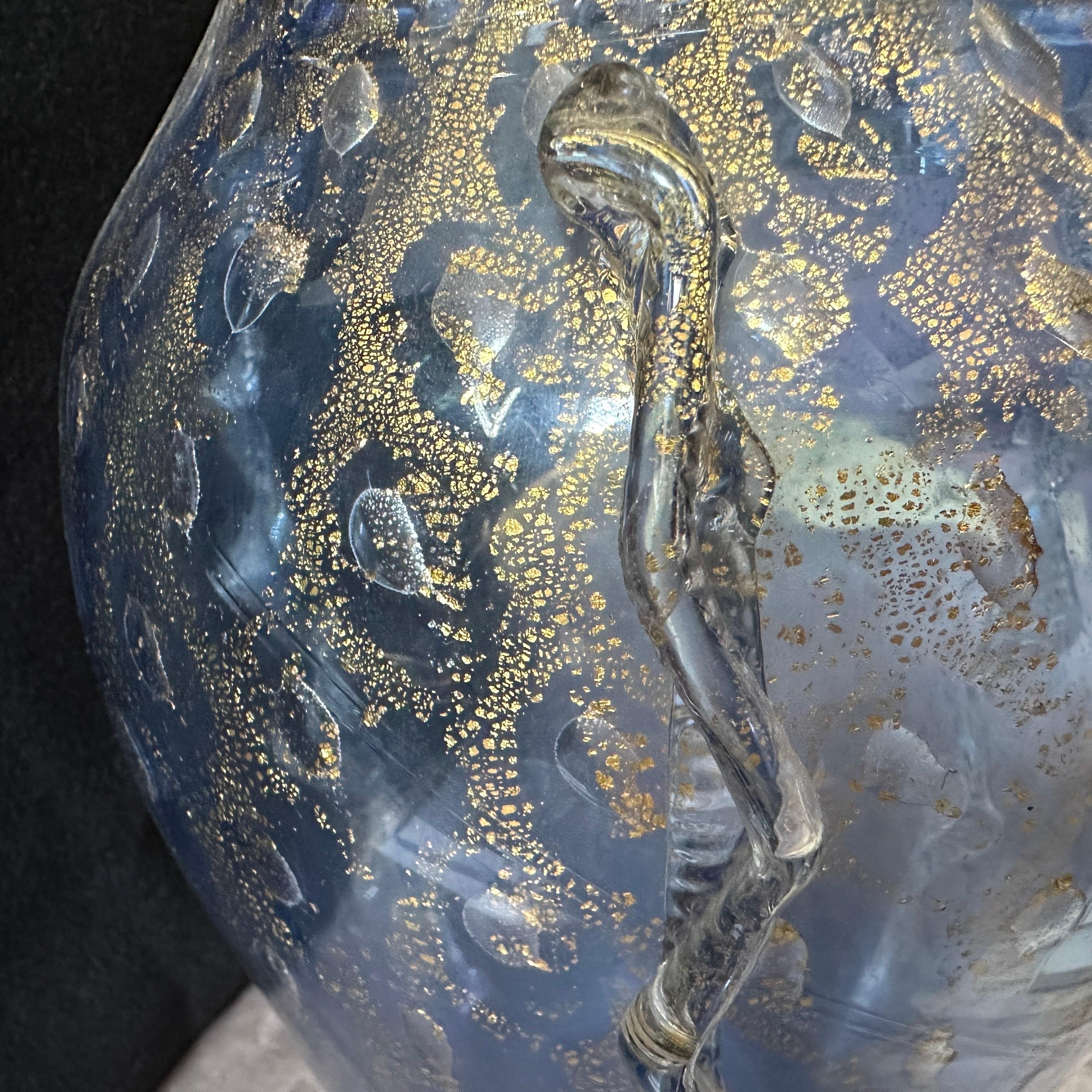 1970s Barovier Style Modern Blue and Gold Murano Glass Vase For Sale 1