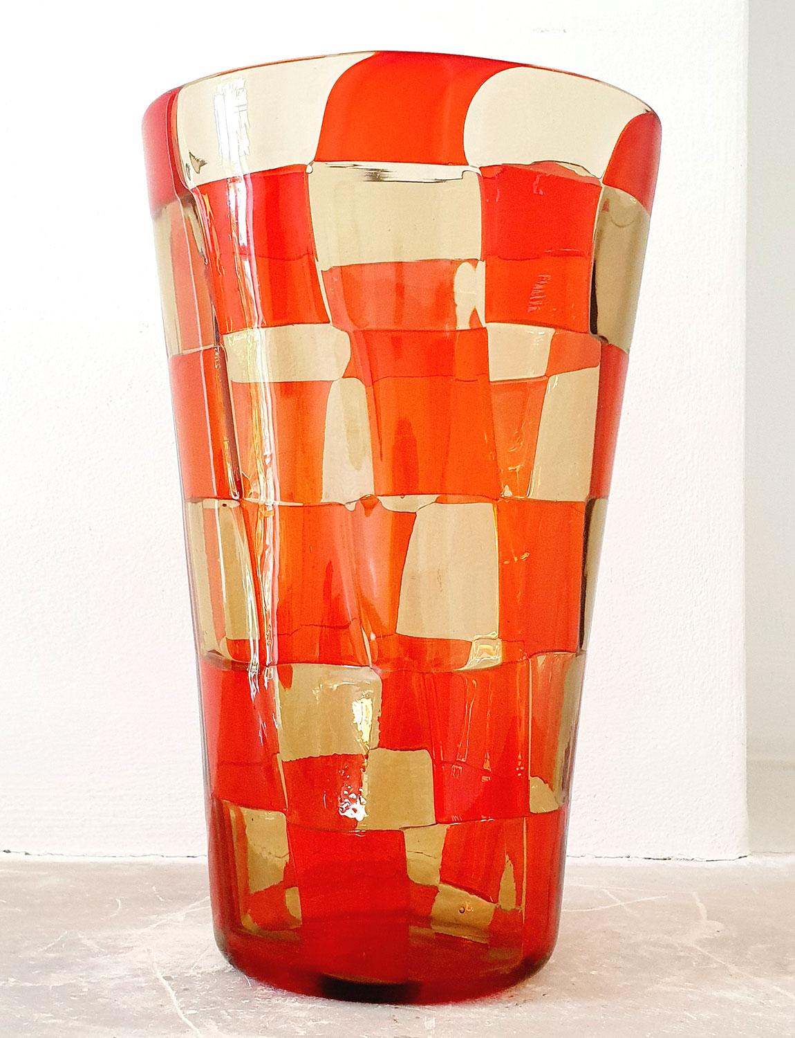 Blown Glass 1970s Italian Barovier & Toso Orange and Yellow Murano Glass Checkered Vase For Sale