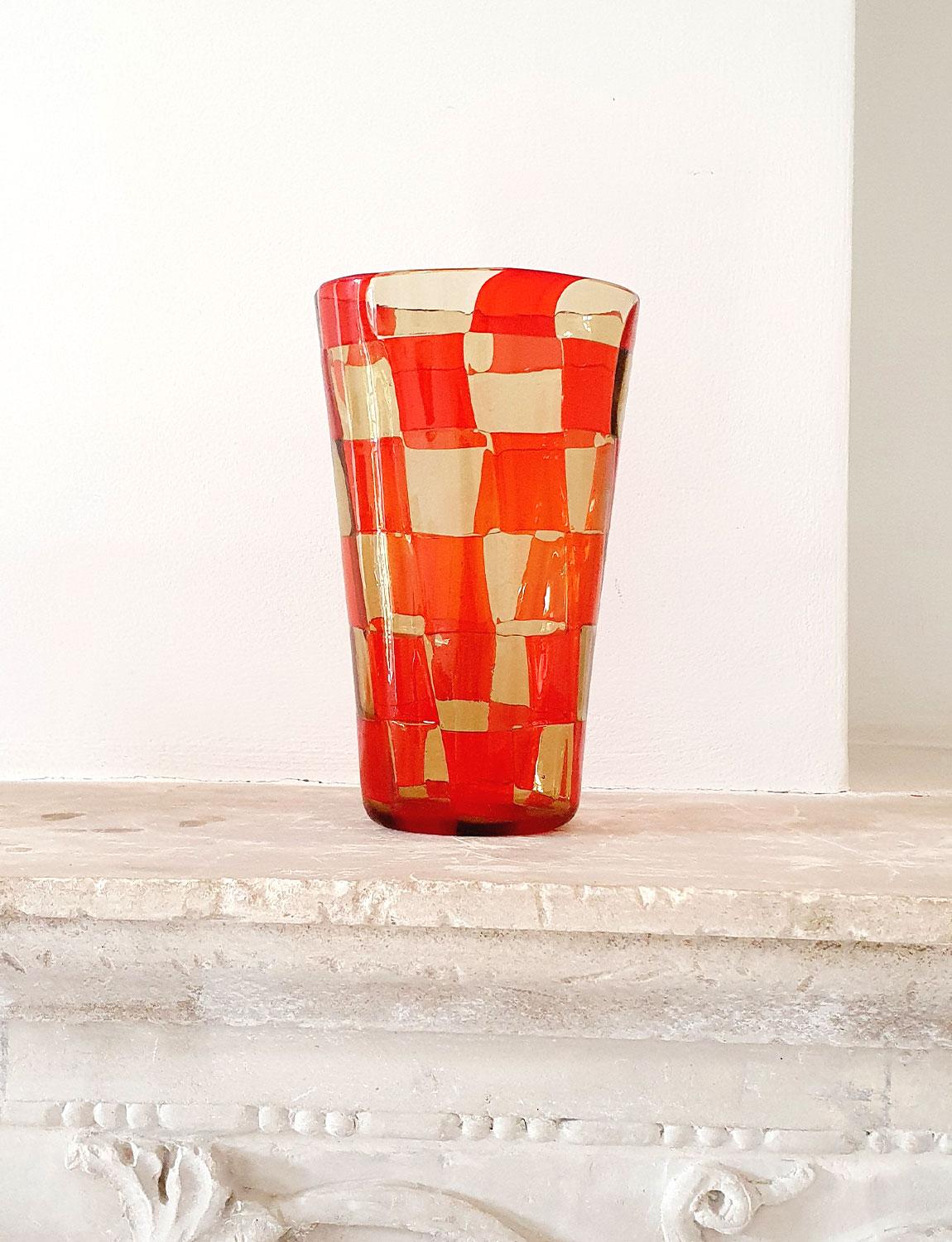 1970s Italian Barovier & Toso Orange and Yellow Murano Glass Checkered Vase For Sale 1