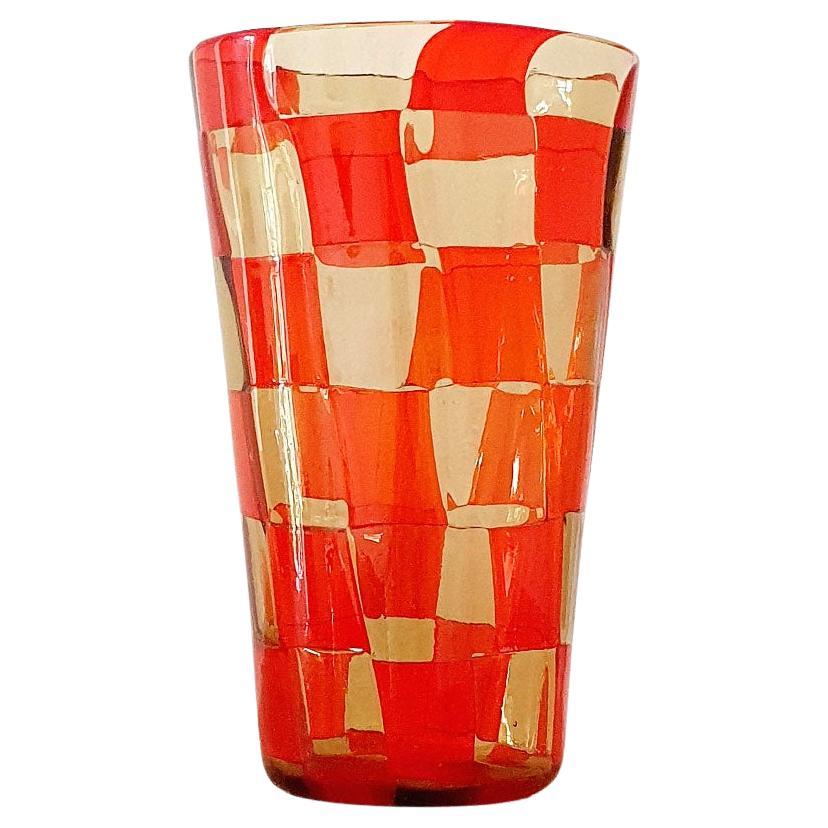 1970s Italian Barovier & Toso Orange and Yellow Murano Glass Checkered Vase For Sale