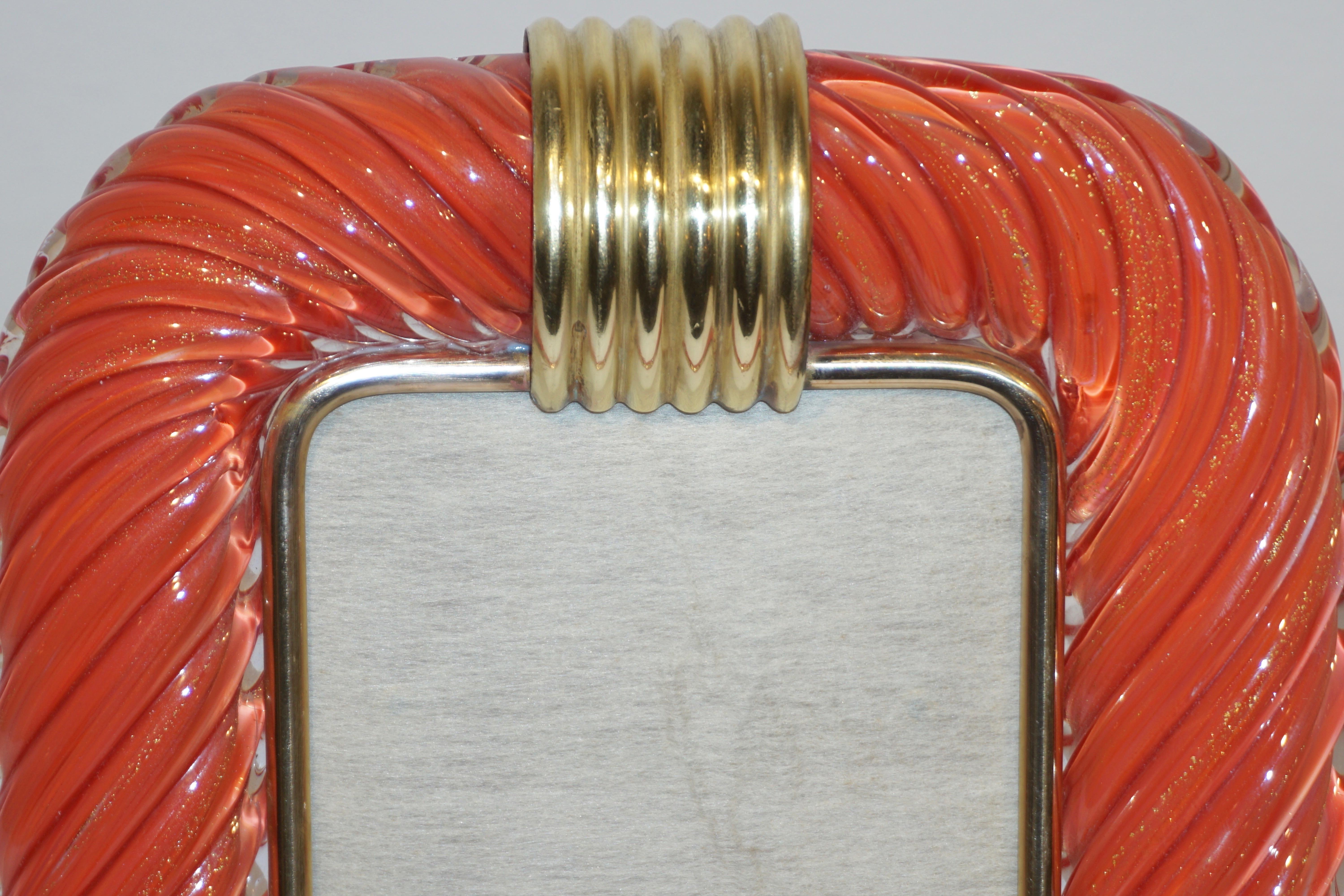 Mid-Century Modern 1970s Barovier Toso Vintage Coral Orange and Gold Murano Glass Photo Frame