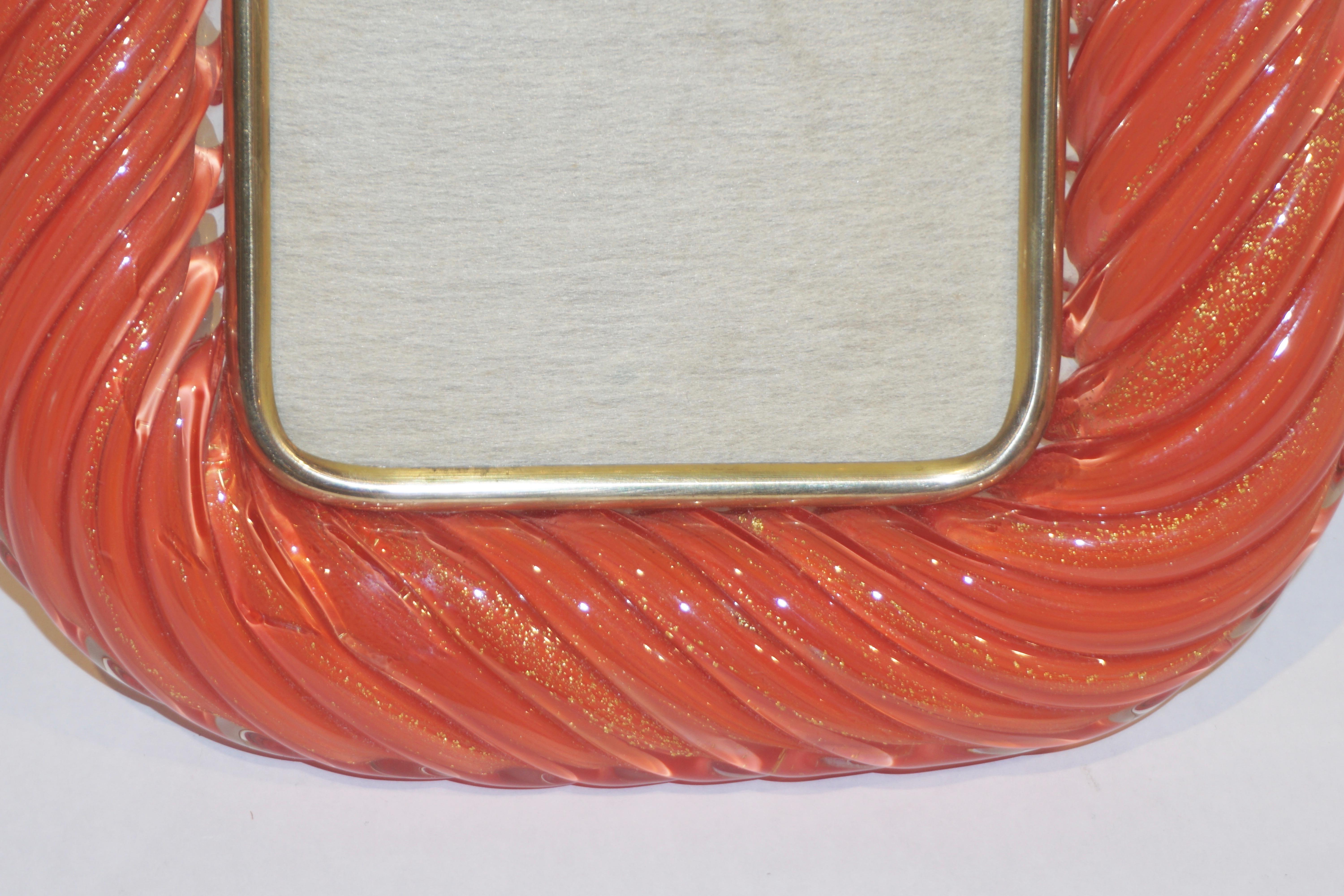 Italian 1970s Barovier Toso Vintage Coral Orange and Gold Murano Glass Photo Frame