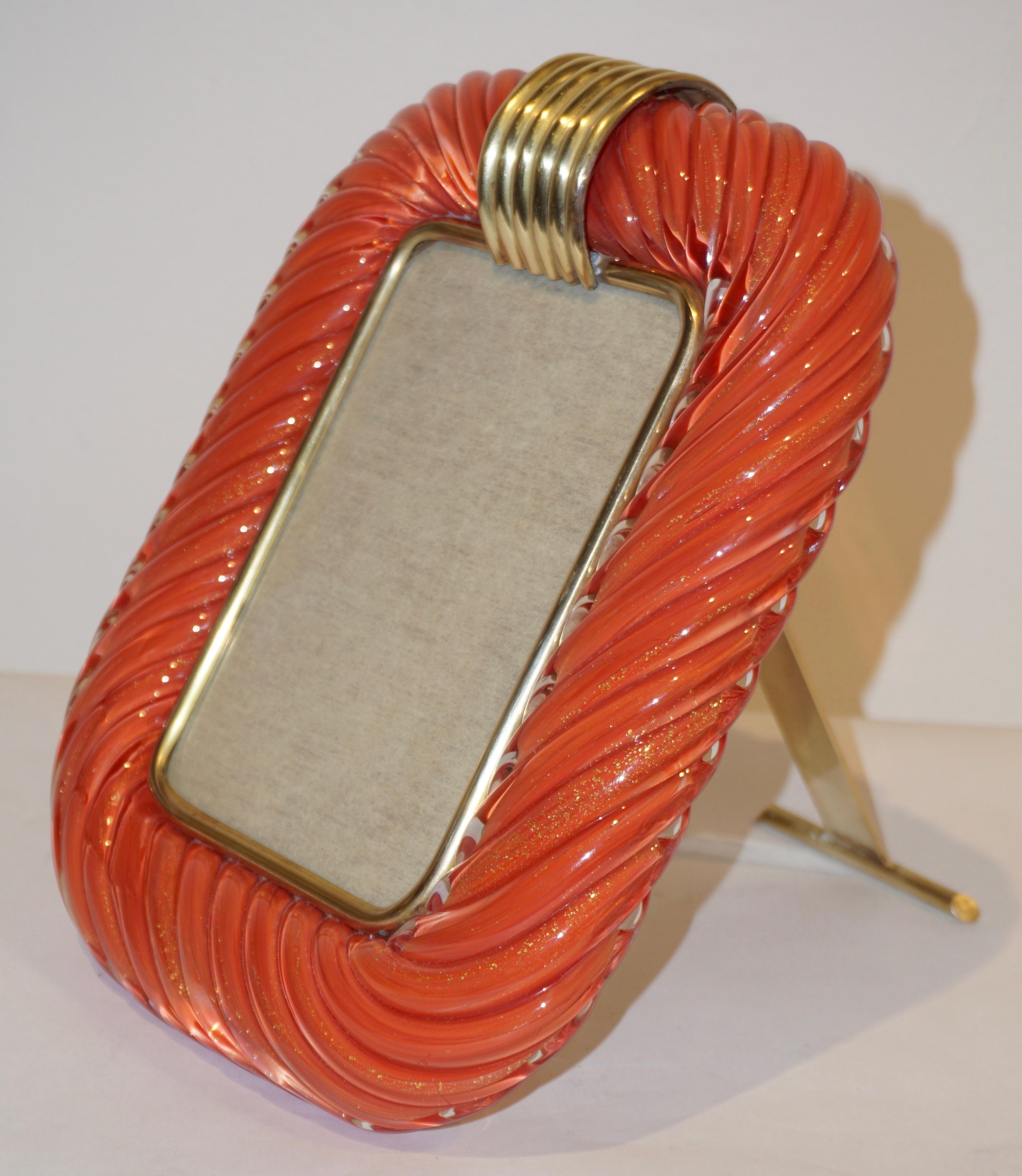 Hand-Crafted 1970s Barovier Toso Vintage Coral Orange and Gold Murano Glass Photo Frame