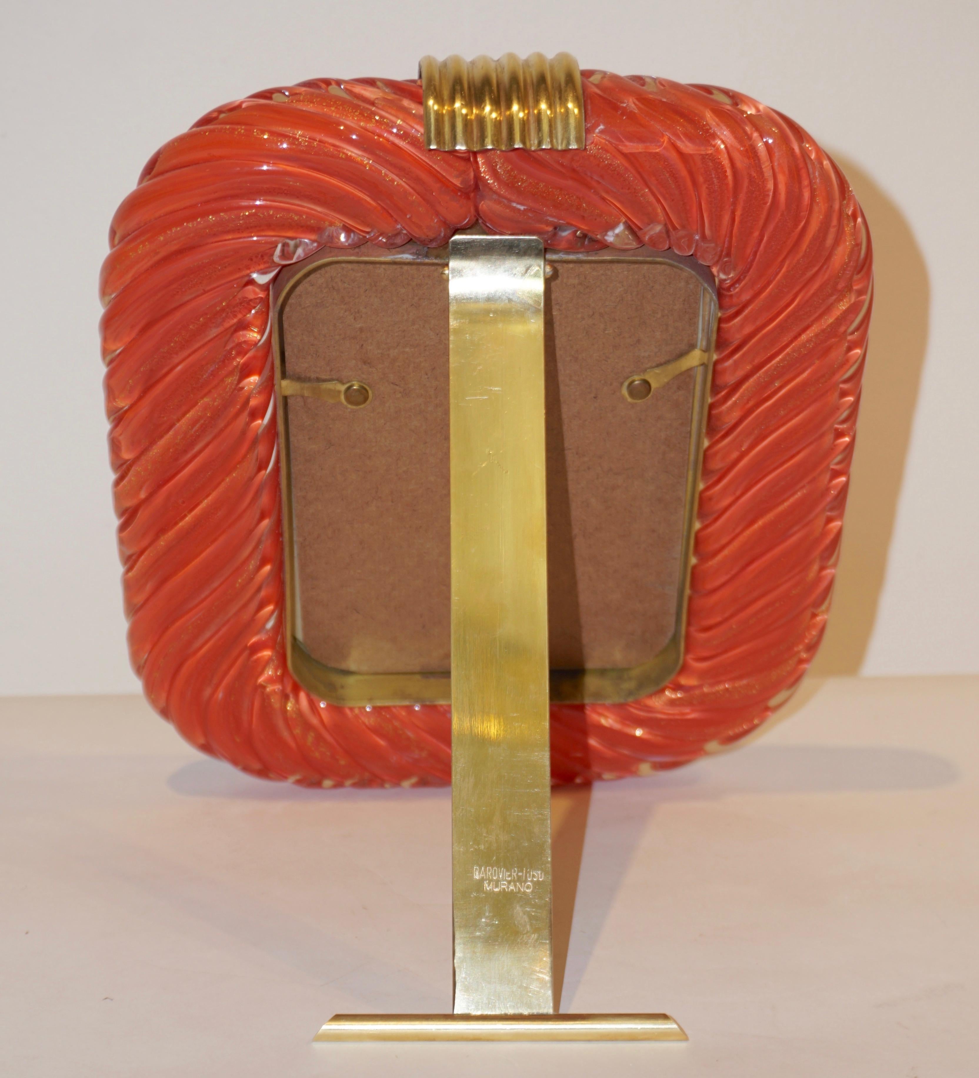 Late 20th Century 1970s Barovier Toso Vintage Coral Orange and Gold Murano Glass Photo Frame