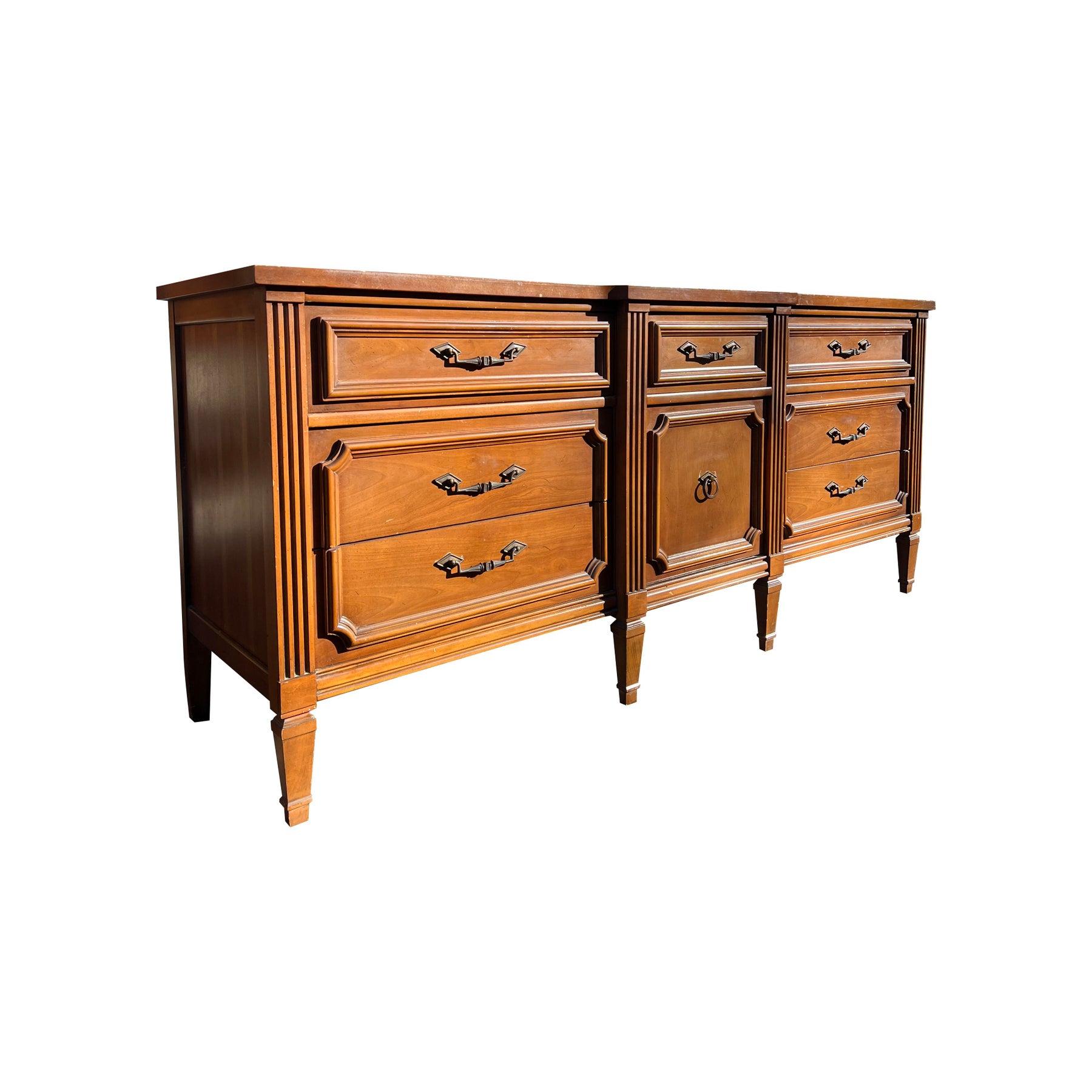 Wood 1970s Bassett Vintage Long Dresser Lowboy in French Provincial Style For Sale