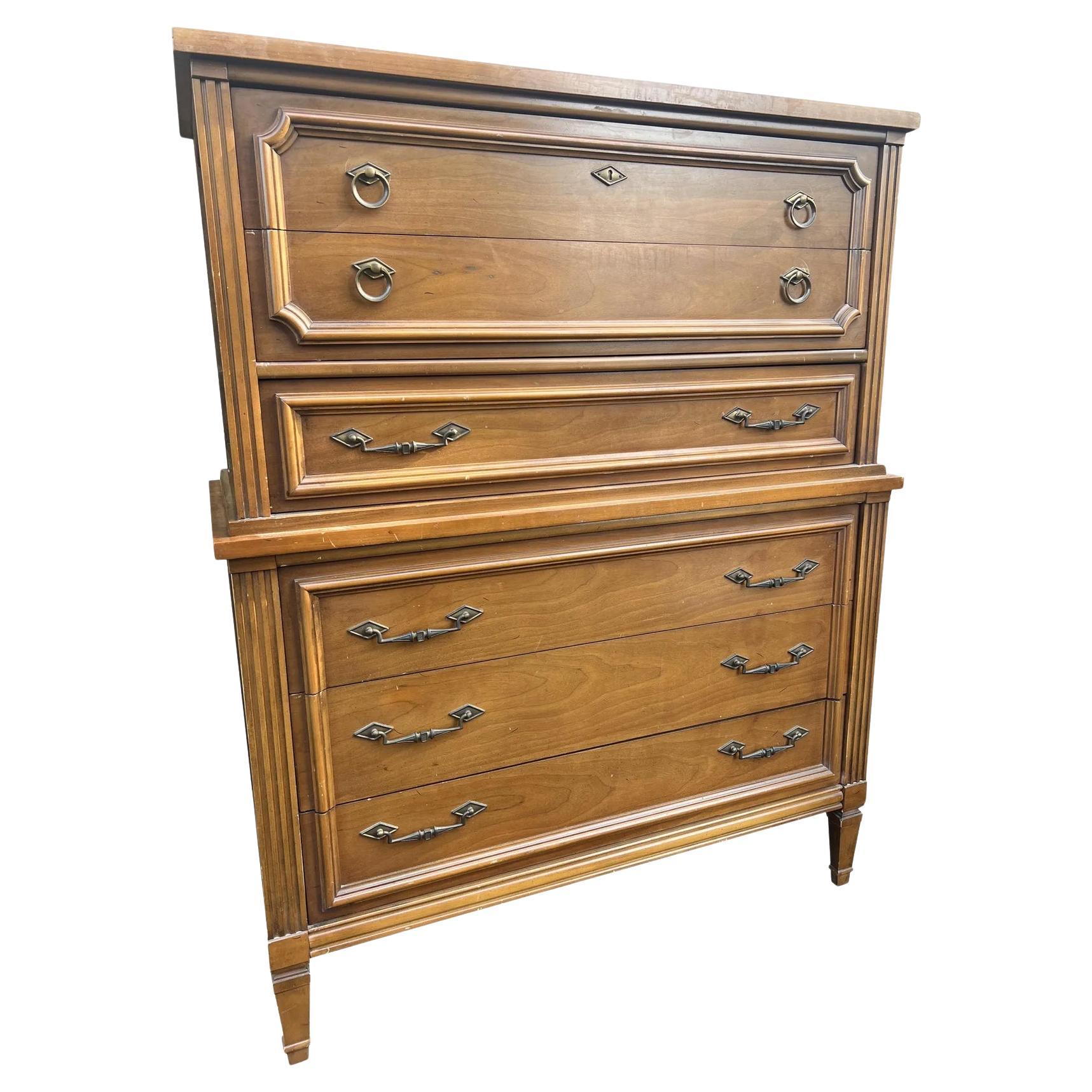 1970s Bassett Vintage Tall Dresser Highboy in French Provincial Style