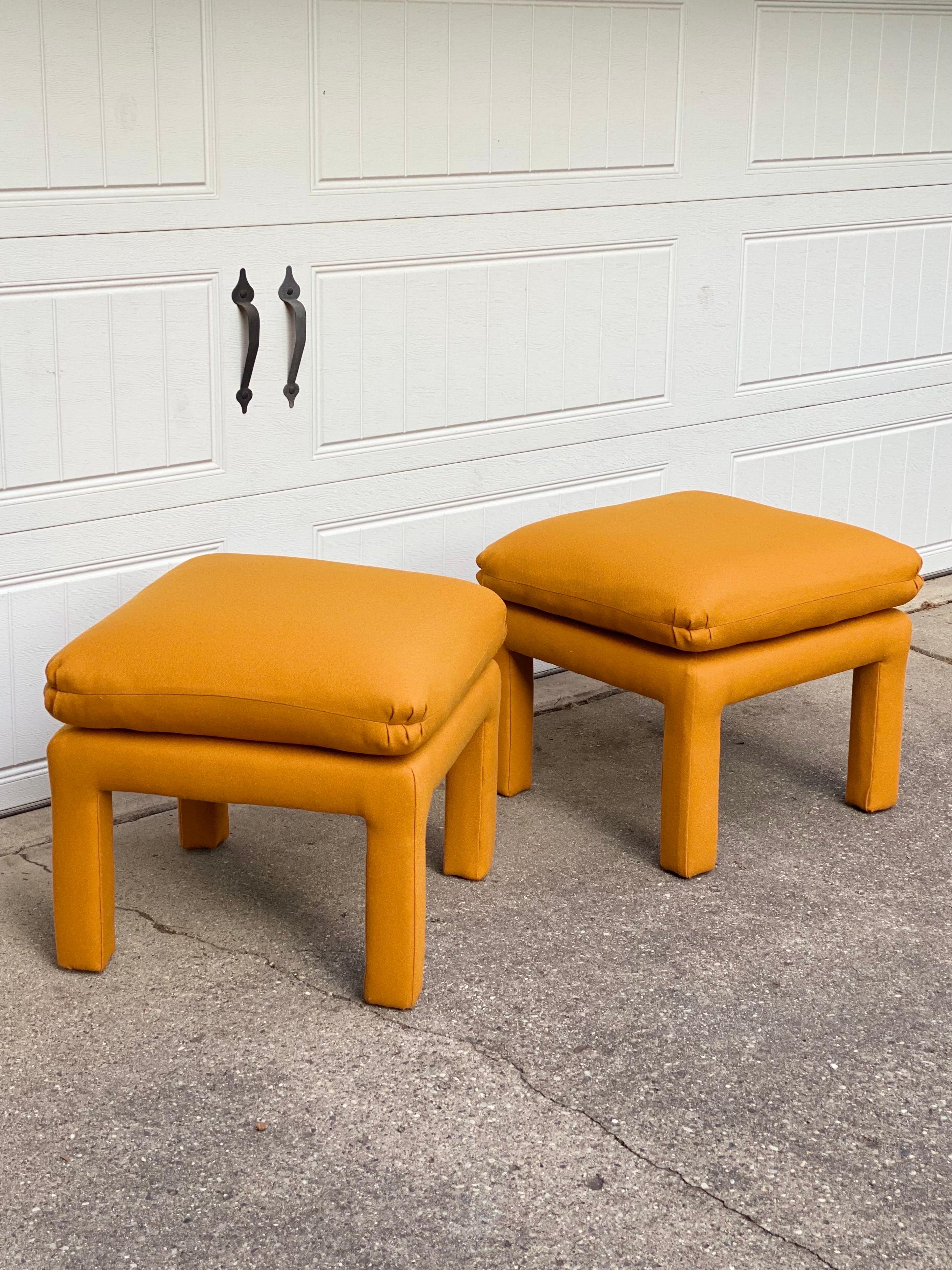 Mid-Century Modern 1970s Baughman Style Large Parsons Mustard Wool Reupholstered Ottomans – Set