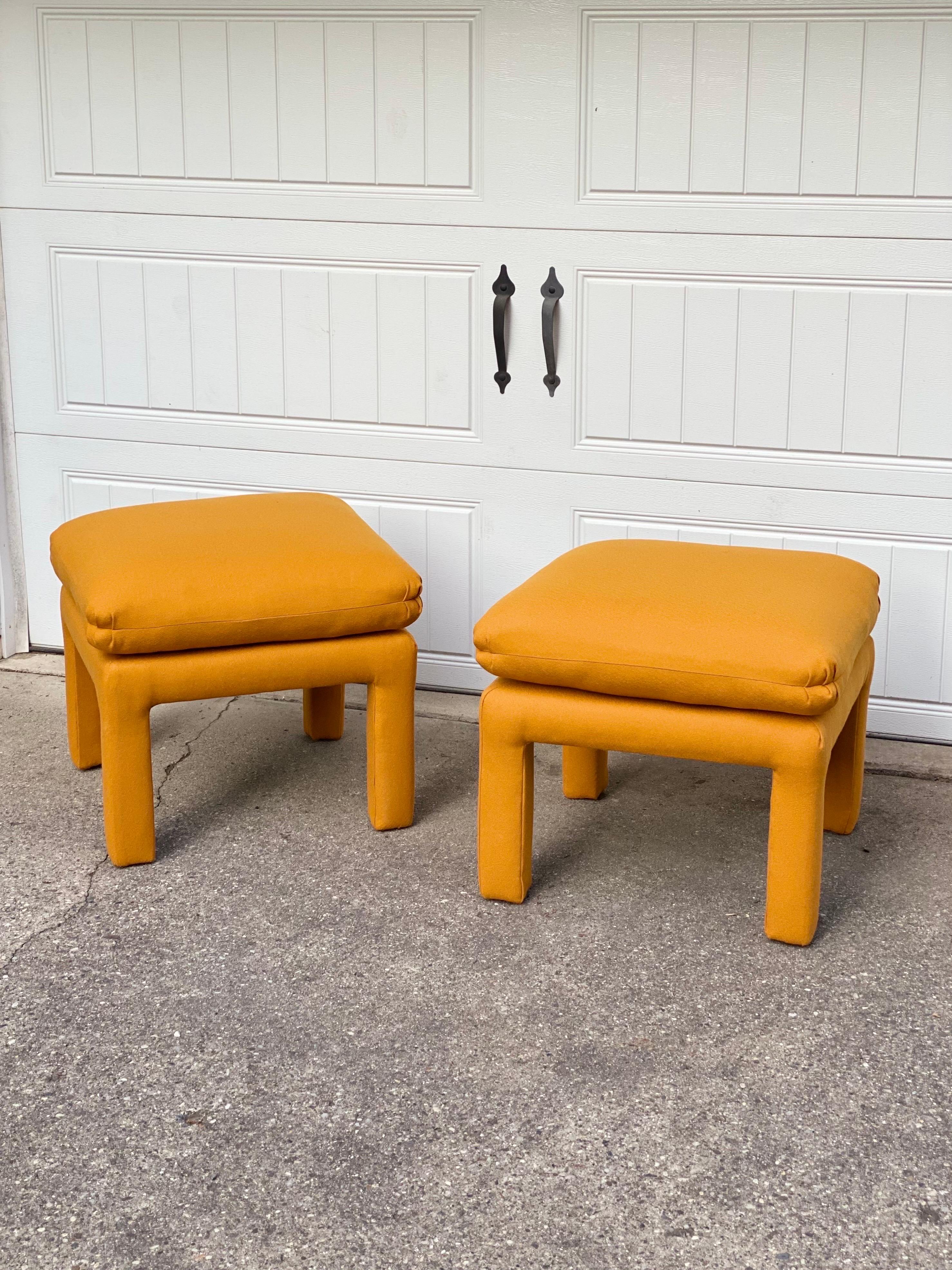 American 1970s Baughman Style Large Parsons Mustard Wool Reupholstered Ottomans – Set