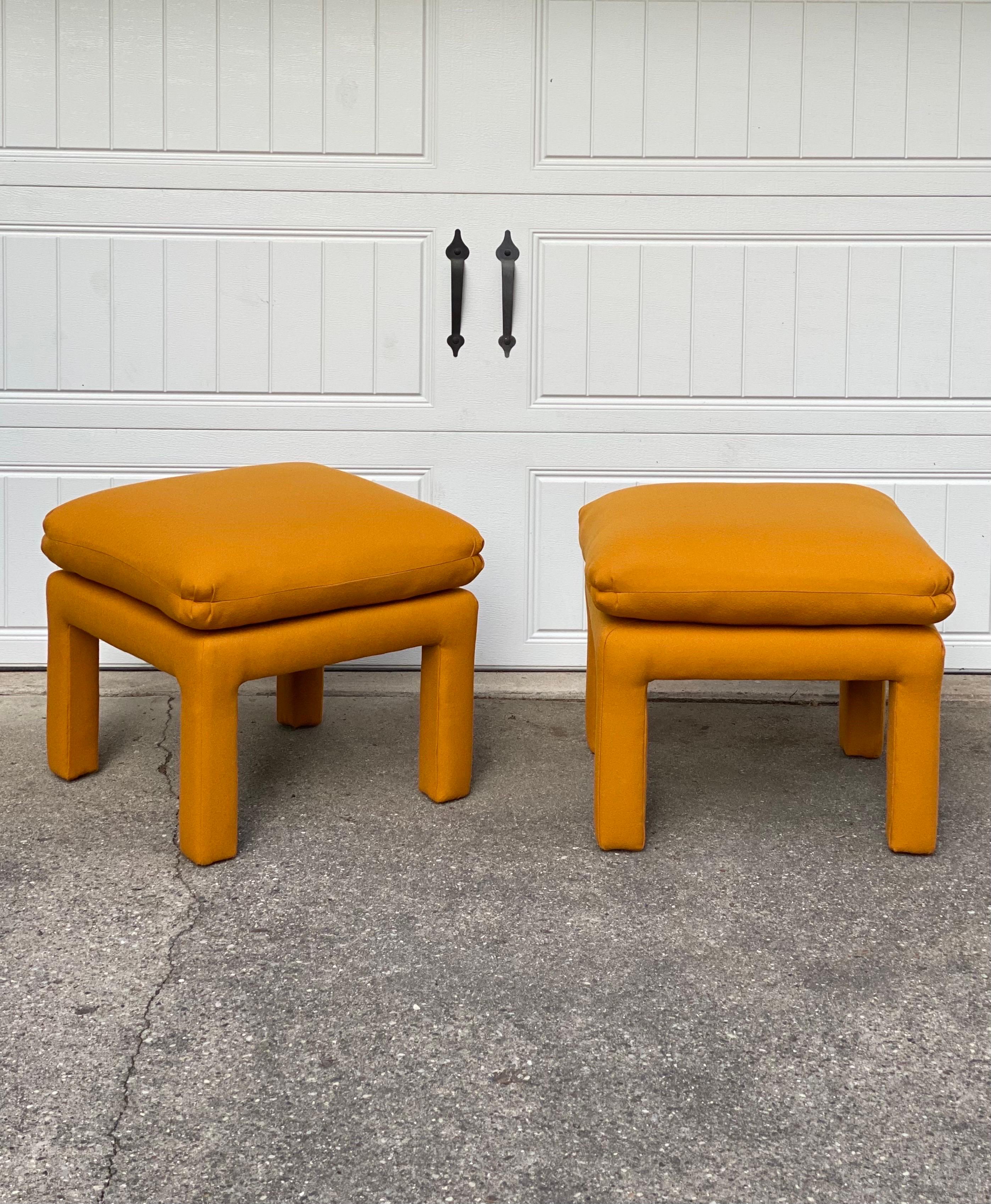 Late 20th Century 1970s Baughman Style Large Parsons Mustard Wool Reupholstered Ottomans – Set