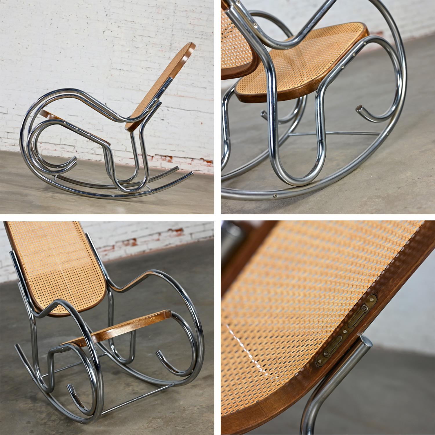 1970’s Bauhaus Style Chrome Tube Bentwood & Cane Rocking Chair or Rocker For Sale 5