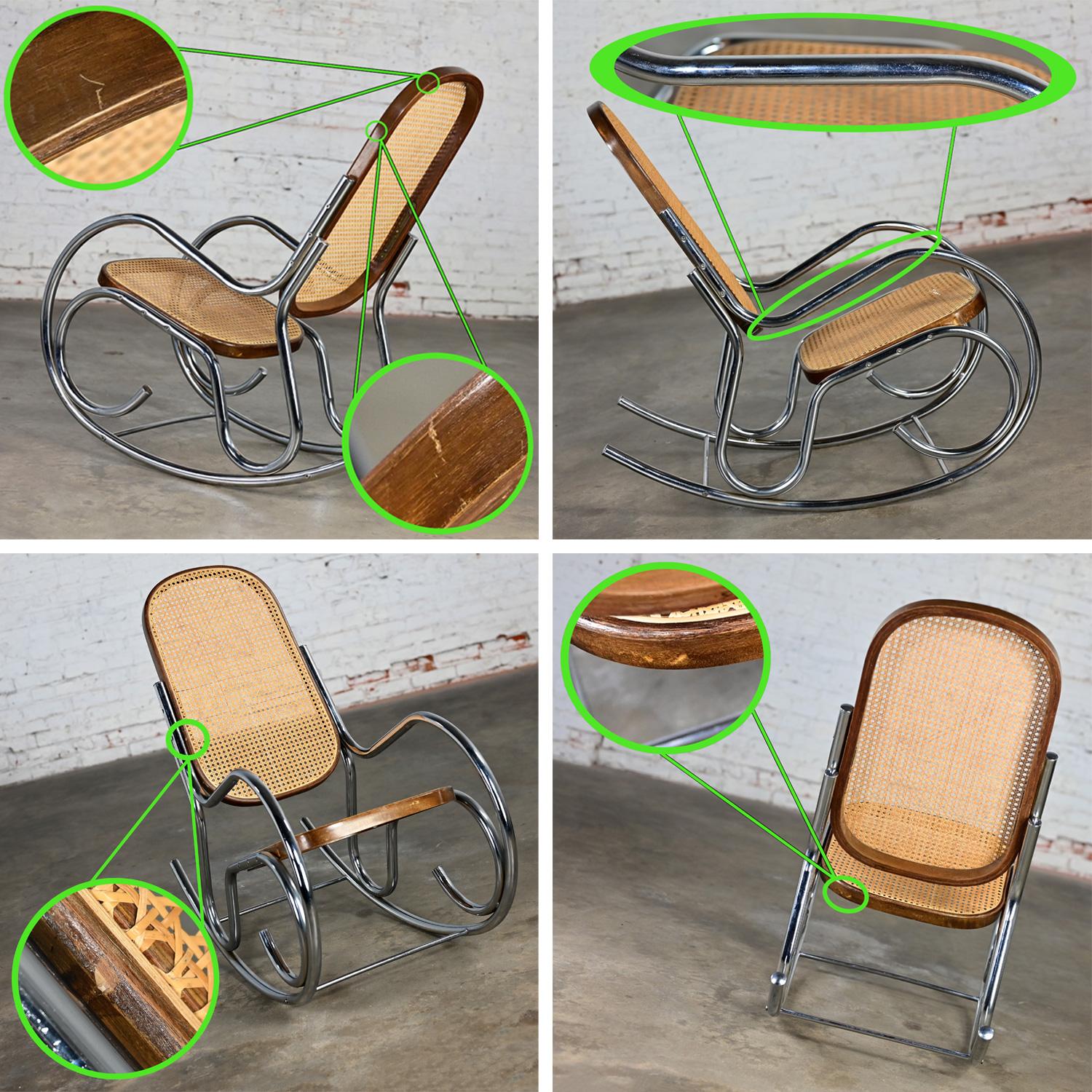 1970’s Bauhaus Style Chrome Tube Bentwood & Cane Rocking Chair or Rocker For Sale 6
