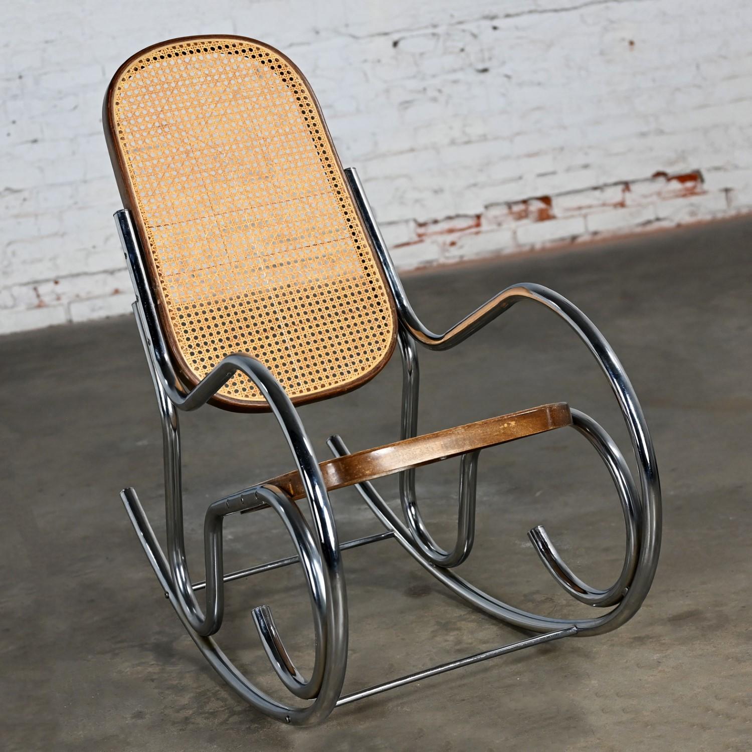 1970’s Bauhaus Style Chrome Tube Bentwood & Cane Rocking Chair or Rocker For Sale 7