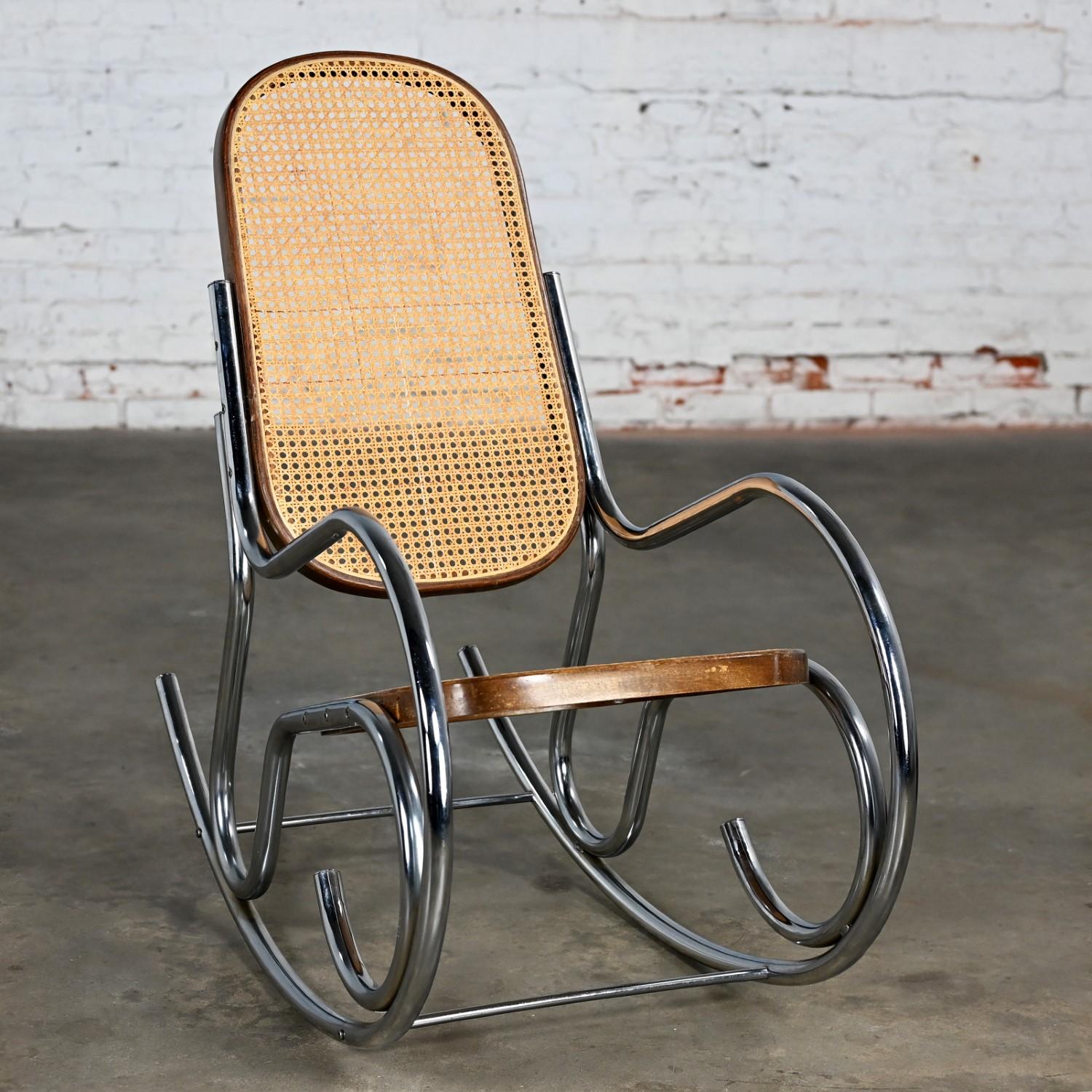 1970’s Bauhaus Style Chrome Tube Bentwood & Cane Rocking Chair or Rocker For Sale 8