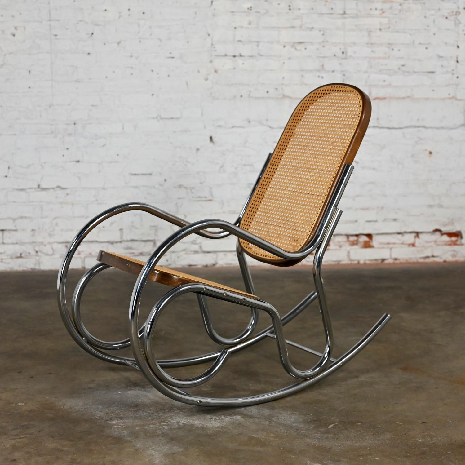 1970’s Bauhaus Style Chrome Tube Bentwood & Cane Rocking Chair or Rocker For Sale 9