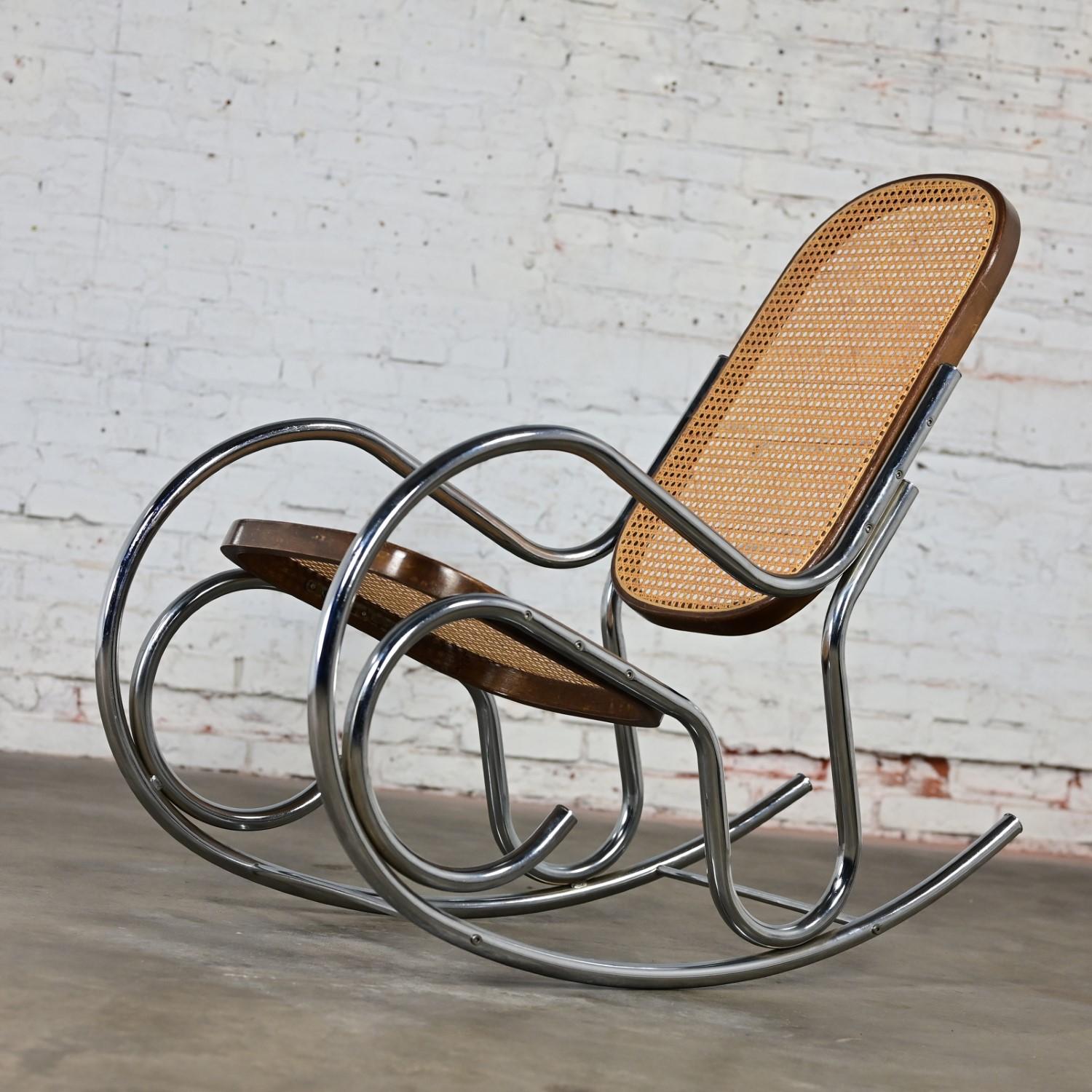 1970’s Bauhaus Style Chrome Tube Bentwood & Cane Rocking Chair or Rocker For Sale 10