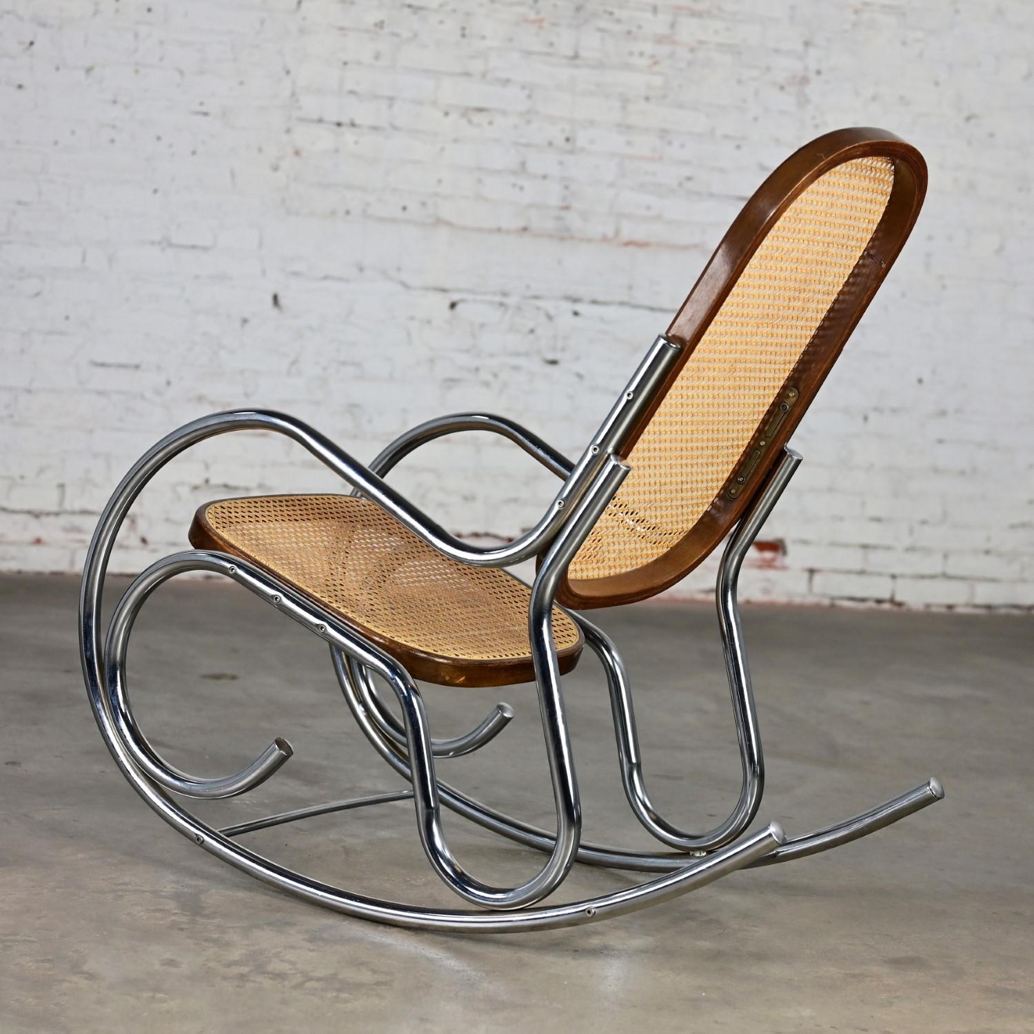 Unknown 1970’s Bauhaus Style Chrome Tube Bentwood & Cane Rocking Chair or Rocker For Sale