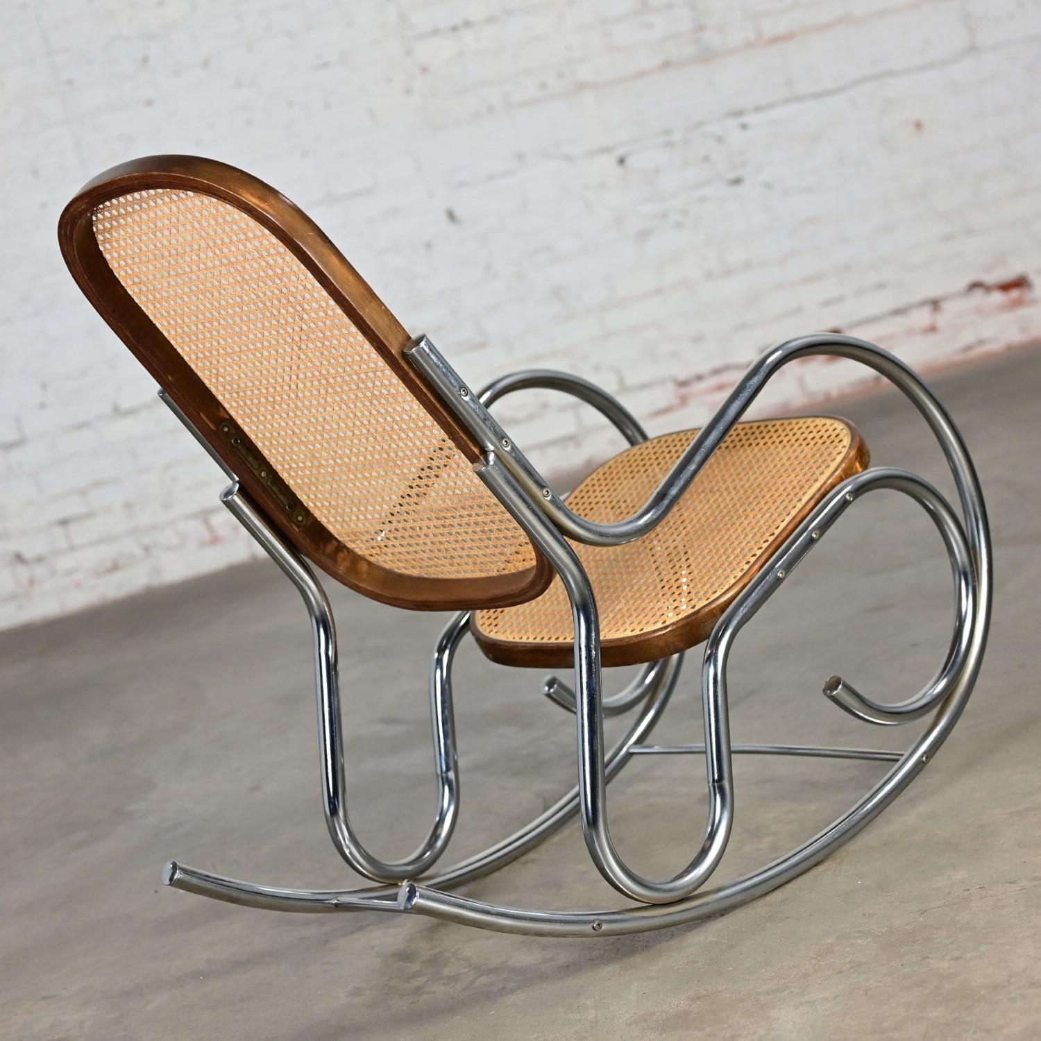 20th Century 1970’s Bauhaus Style Chrome Tube Bentwood & Cane Rocking Chair or Rocker For Sale