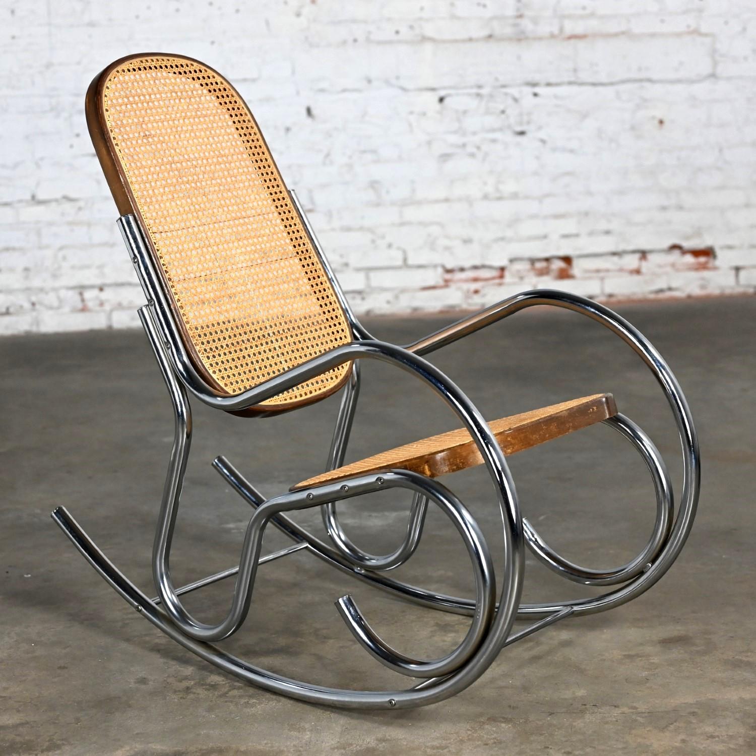 1970’s Bauhaus Style Chrome Tube Bentwood & Cane Rocking Chair or Rocker For Sale 2