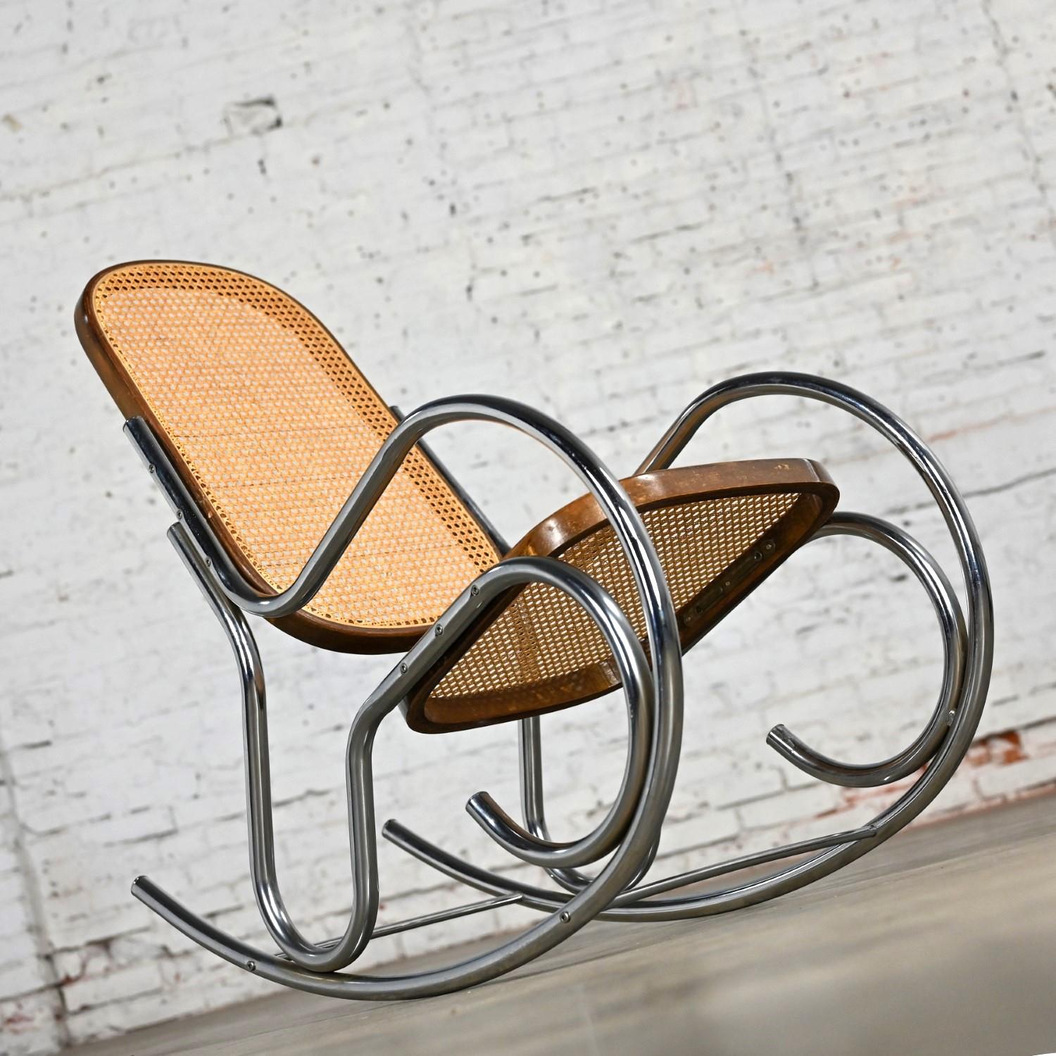 1970’s Bauhaus Style Chrome Tube Bentwood & Cane Rocking Chair or Rocker For Sale 3