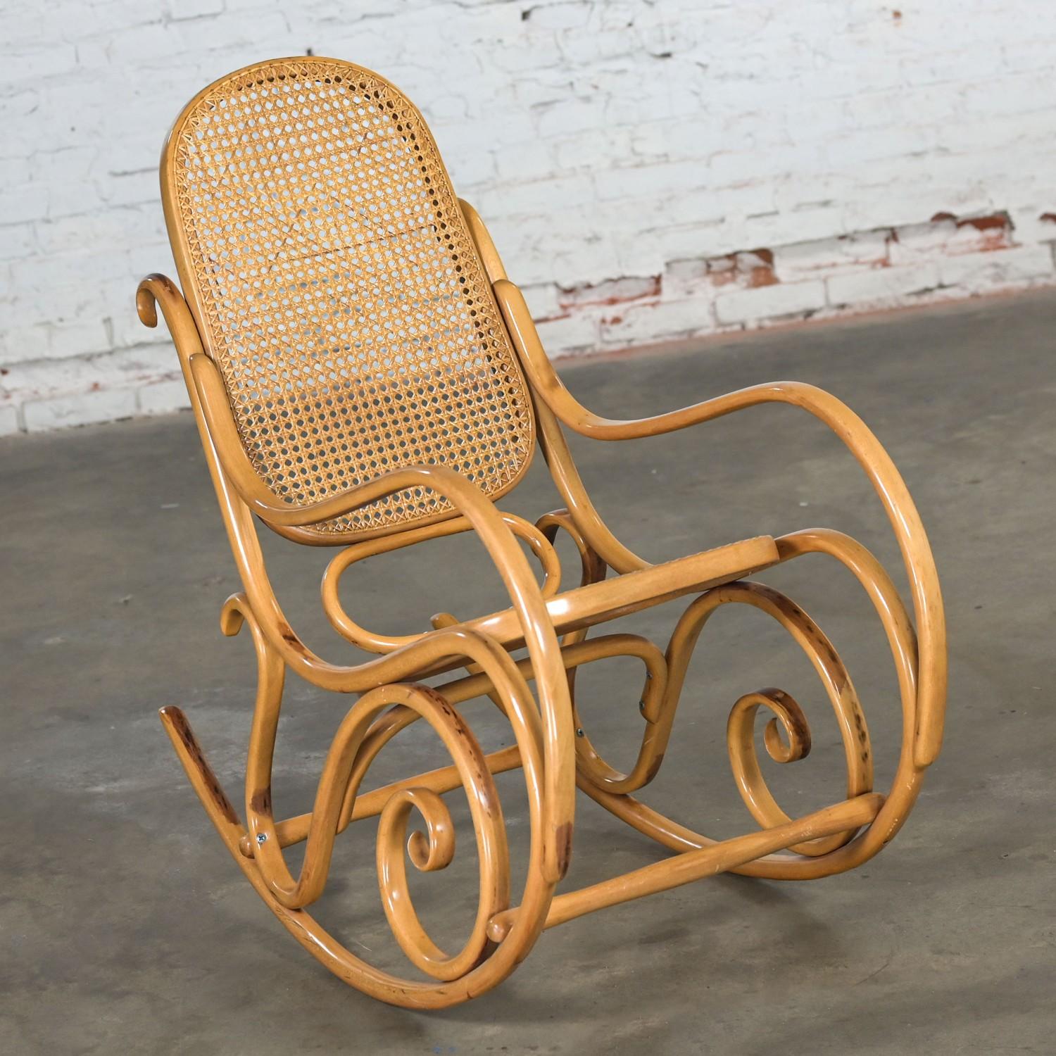 American 1970’s Bauhaus Style Thonet #7025 Bentwood & Cane Rocking Chair or Rocker