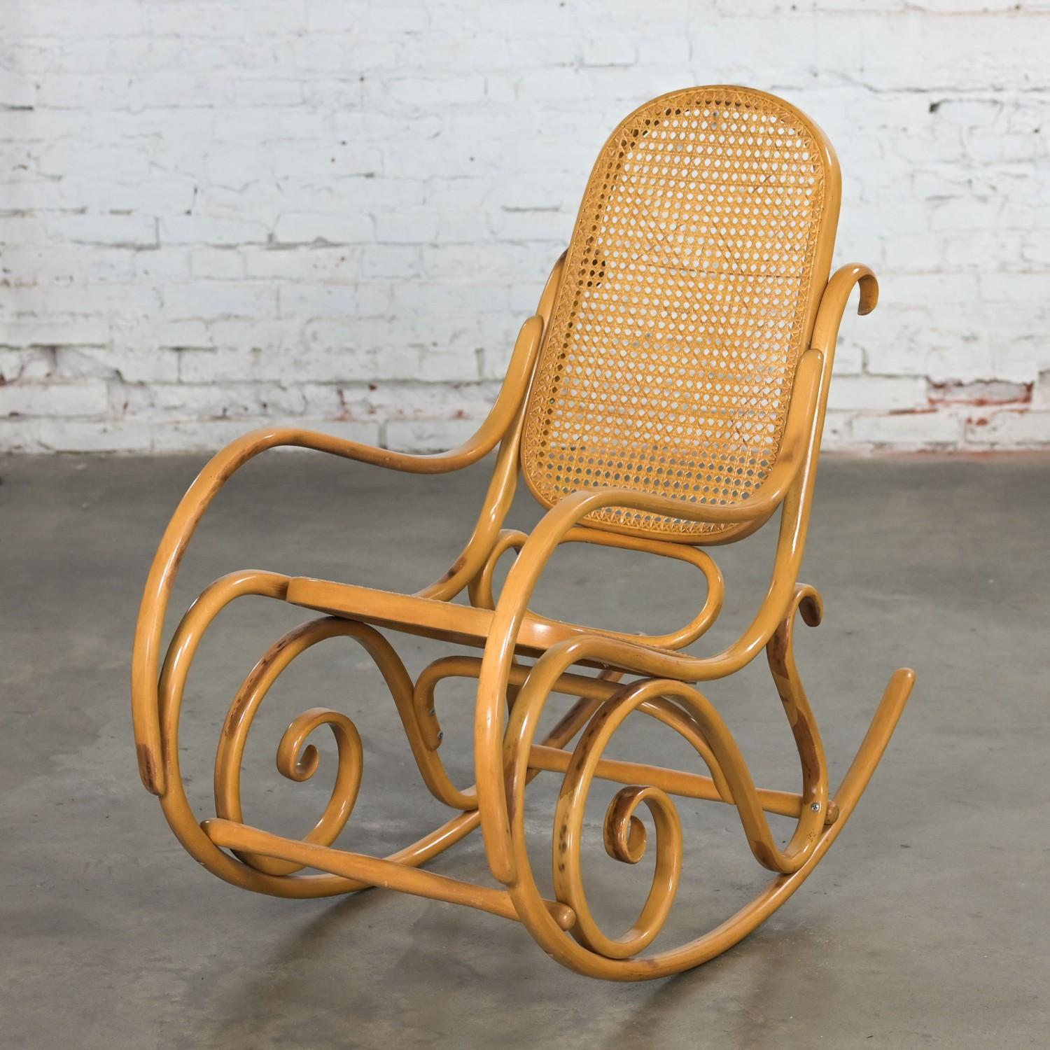 1970’s Bauhaus Style Thonet #7025 Bentwood & Cane Rocking Chair or Rocker In Good Condition In Topeka, KS