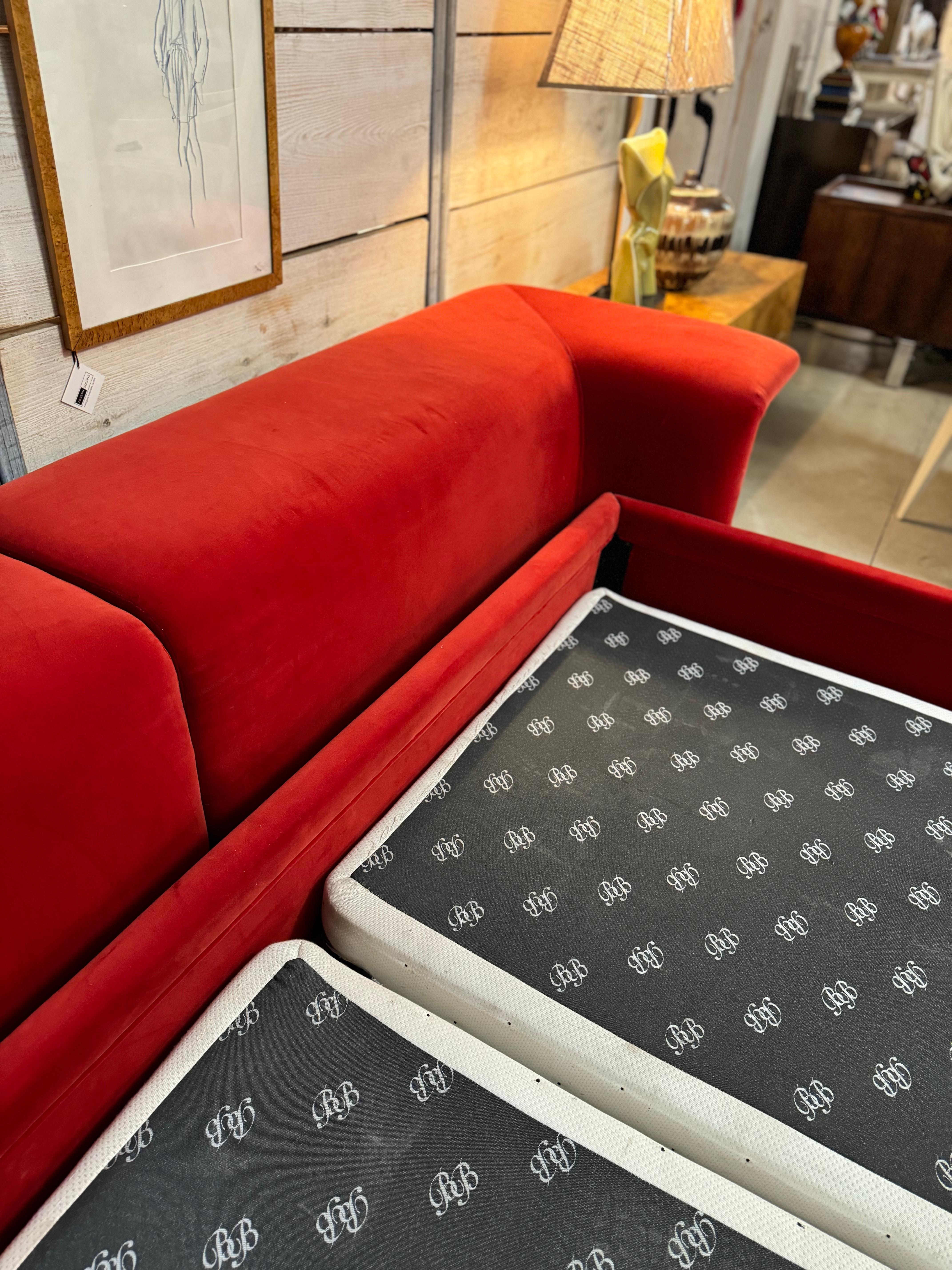 This is a stunning 1970s vintage platform bed by B&B Italia, showcasing the iconic craftsmanship and modernist design the brand is known for. The frame has been newly reupholstered in luxurious Holly Hunt velvet, giving it a rich, sophisticated