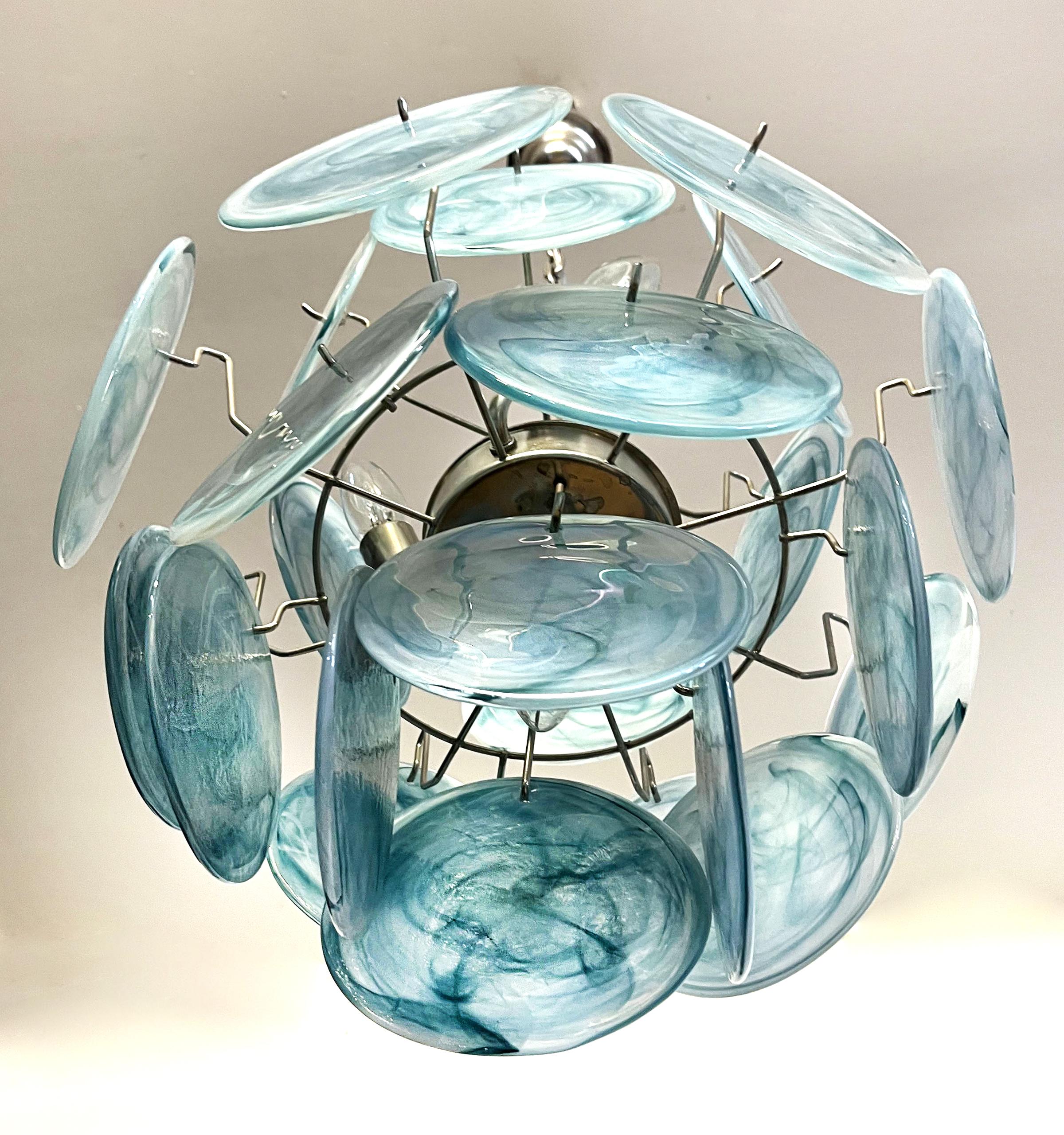 20th Century 1970s Beautiful Vintage Italian Murano Chandelier, 24 Blue Disks For Sale
