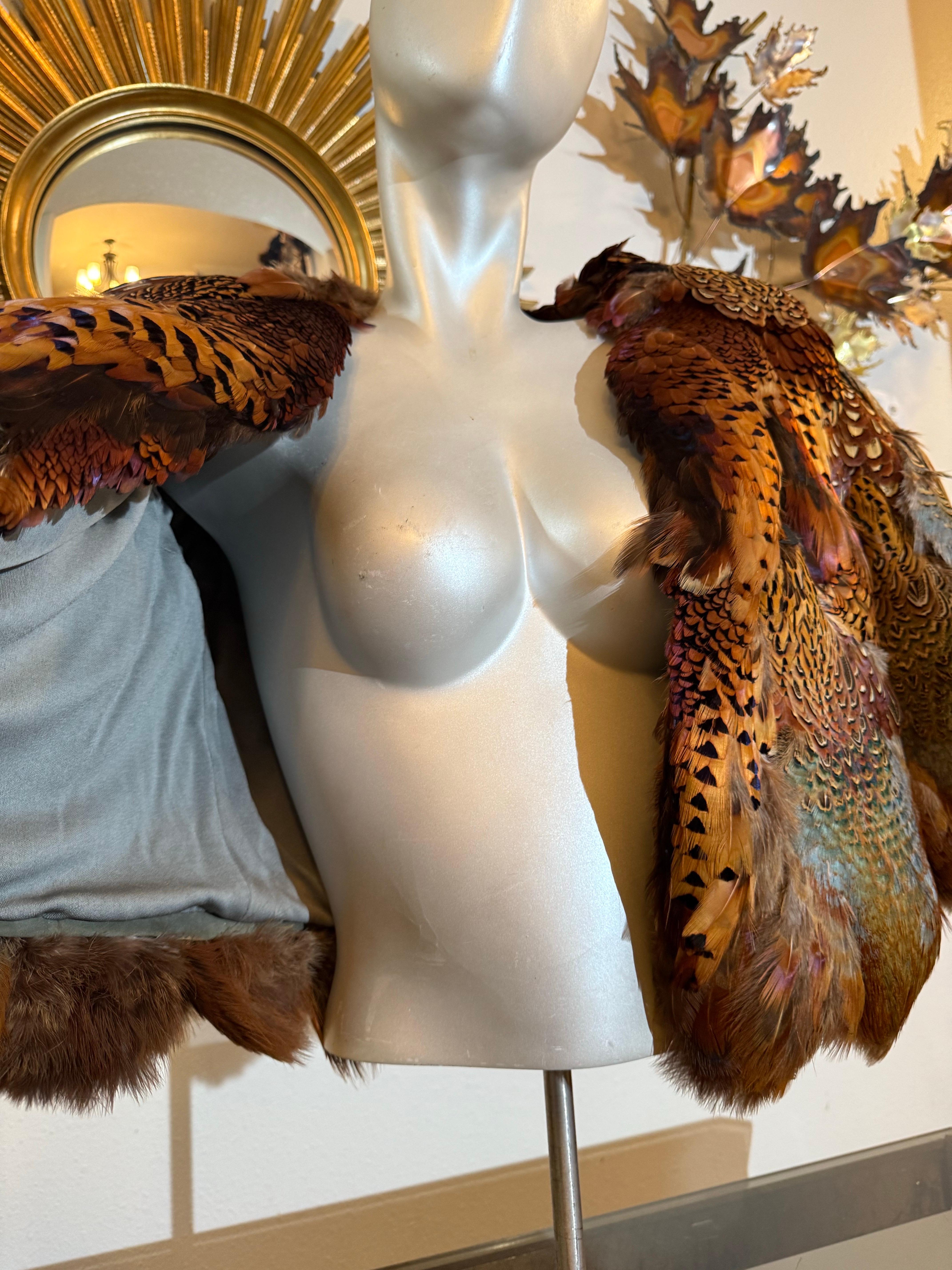 1970s Becky Bisoulis Pheasant Feather Extravagant Patchwork Bolero Jacket For Sale 2