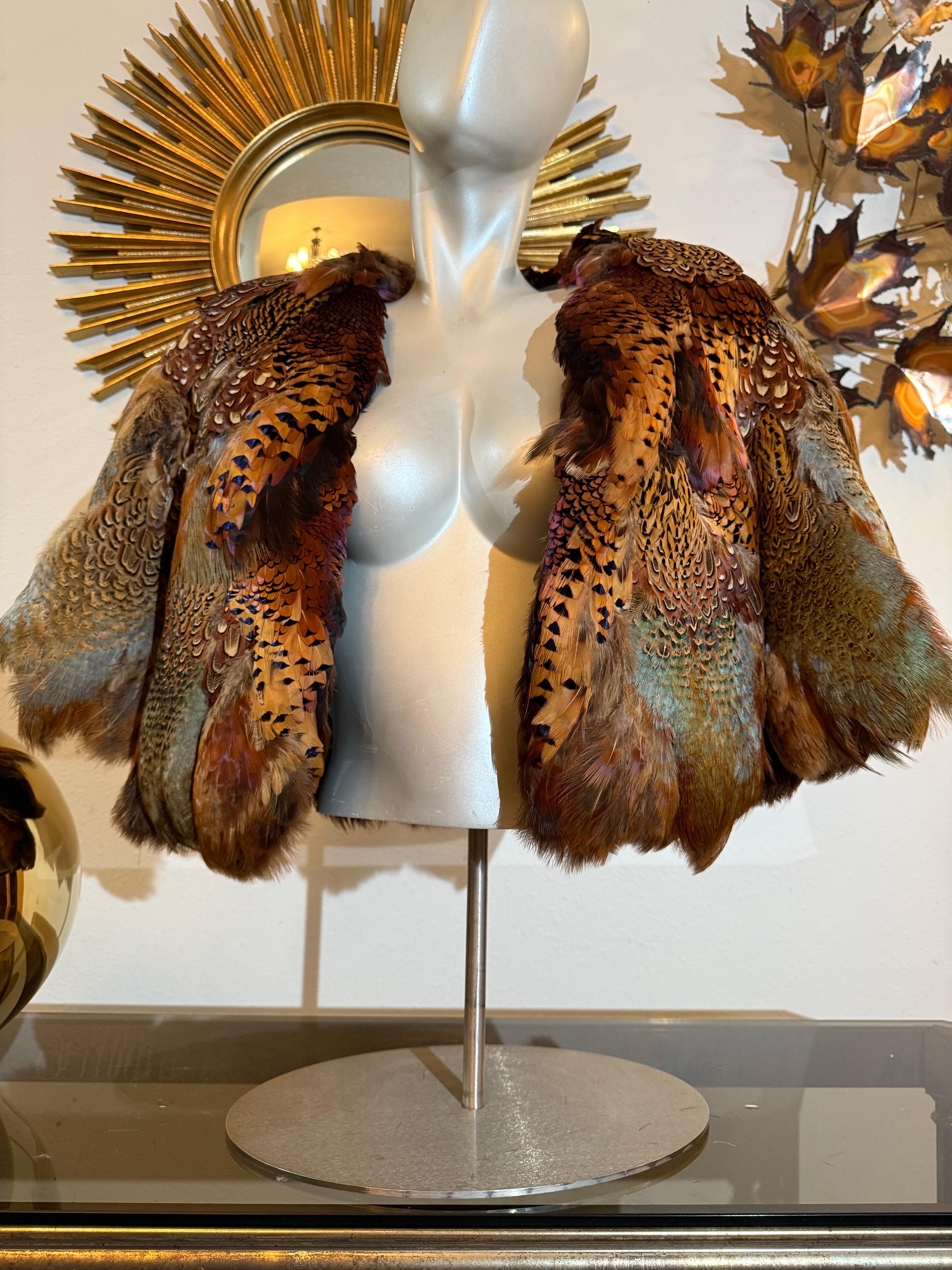 1970s Becky Bisoulis Pheasant Feather Extravagant Patchwork Bolero Jacket For Sale 3