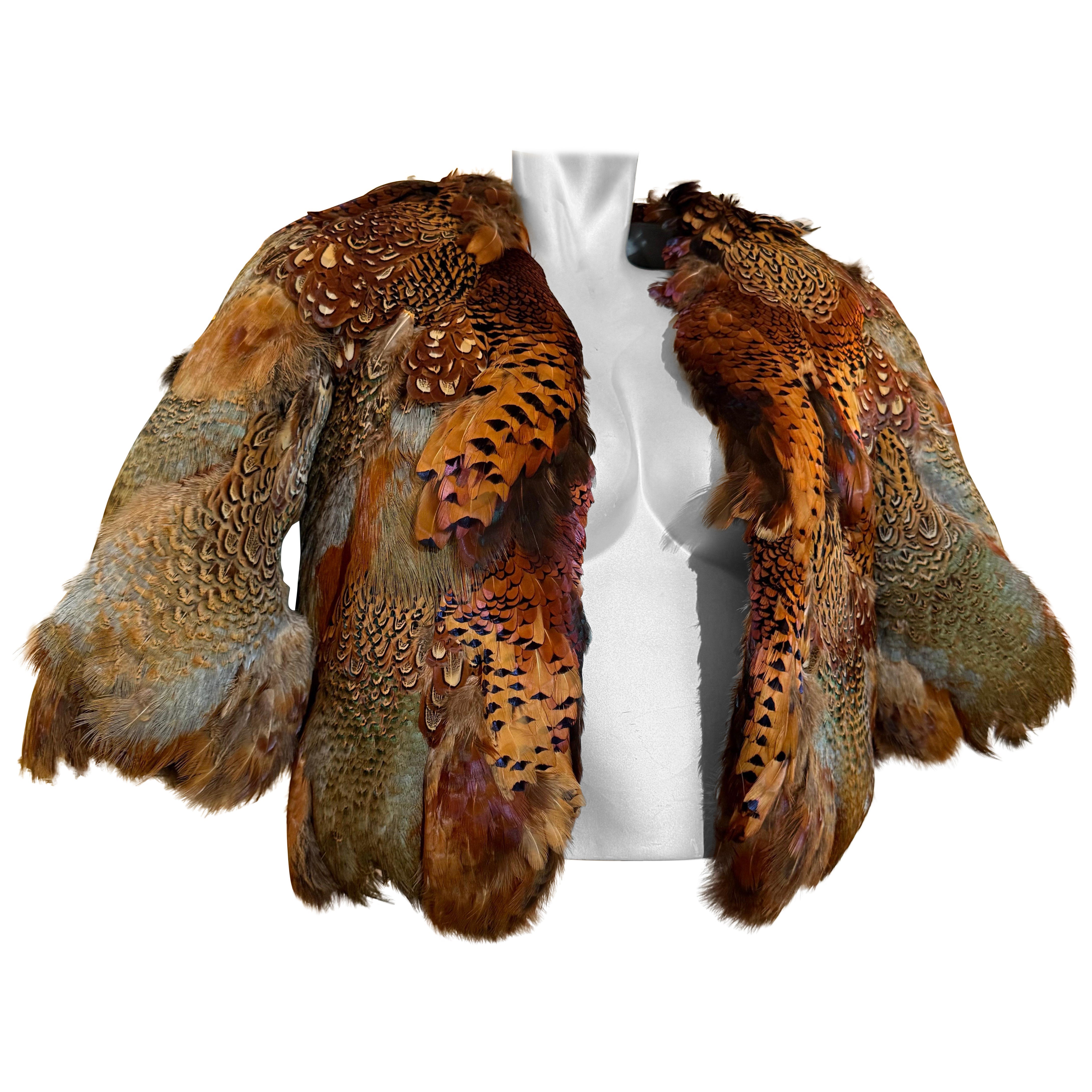 Chaqueta Bolero 1970s Becky Bisoulis Pluma de Faisán Extravagante Patchwork en venta