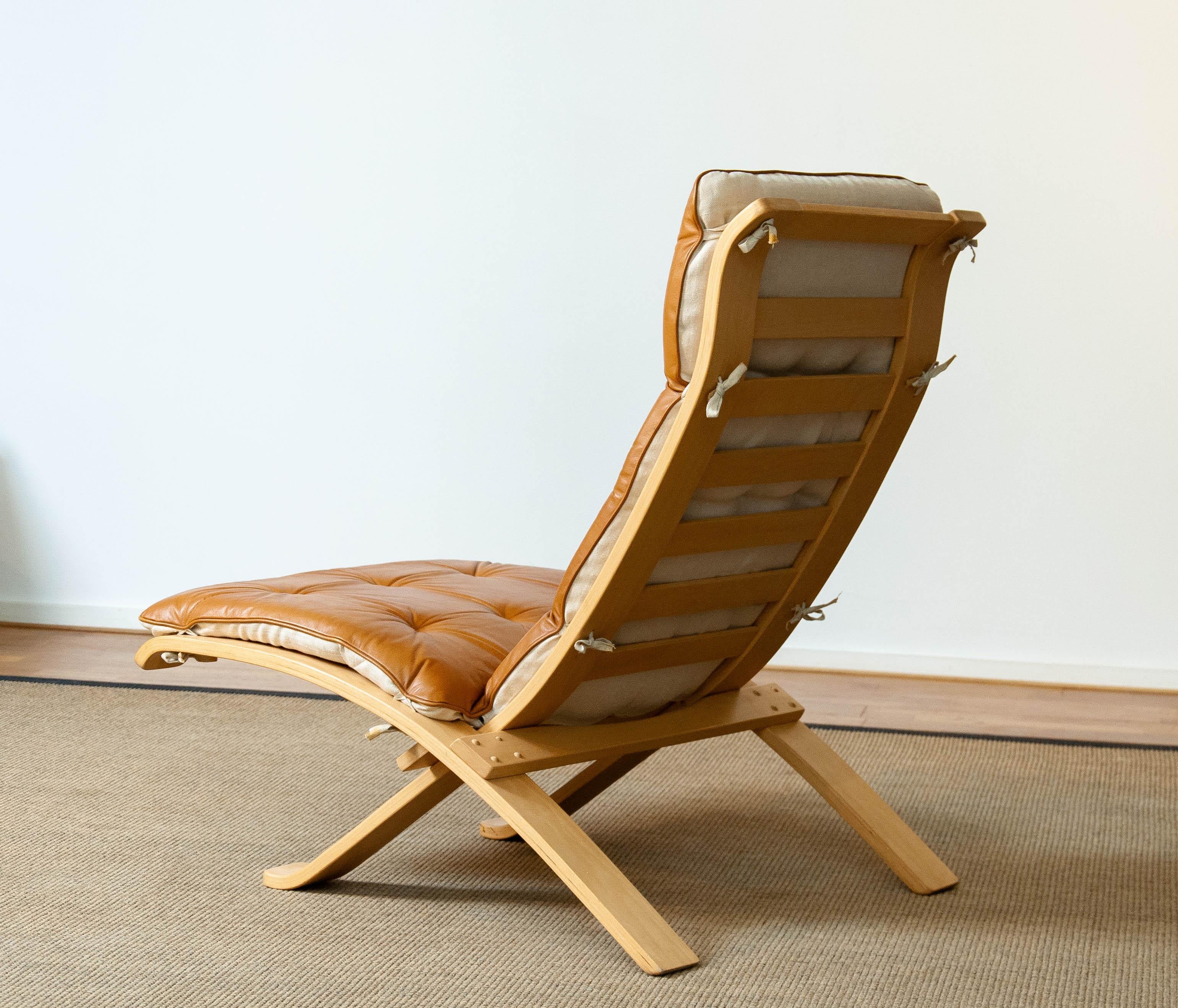 Swedish 1970's Beech Bentwood with Cognac Leather Folding Lounge Chair by Nelo, Sweden