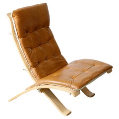 1970's Beech Bentwood with Cognac Leather Folding Lounge Chair by Nelo, Sweden