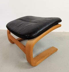 1970's Beech Footstool with Black Leather Upholstery by Åke Fribytter