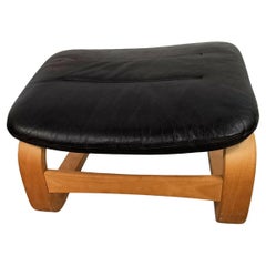 1970's Beech Footstool with Black Leather  Upholstery by Åke Fribytter