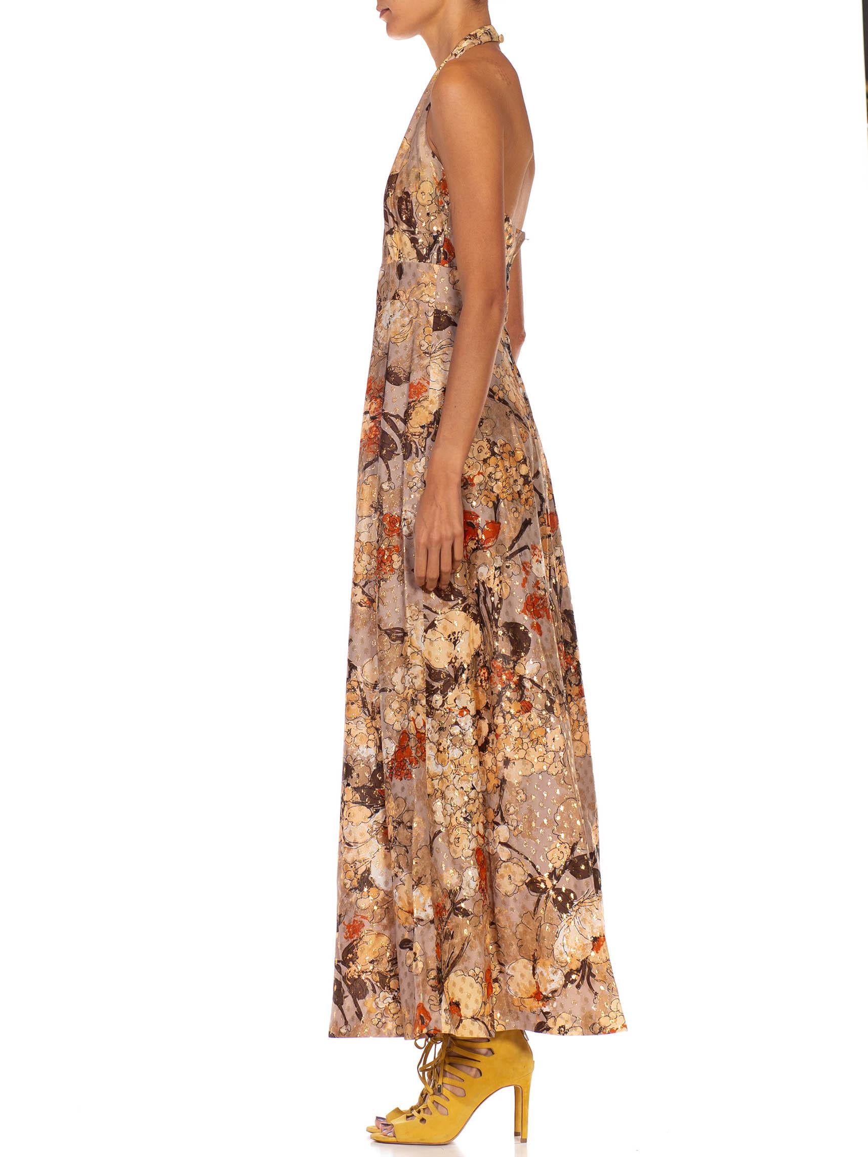 1970S Beige & Brown Polyester Lame Floral With Metallic Threads Halter Gown In Excellent Condition In New York, NY