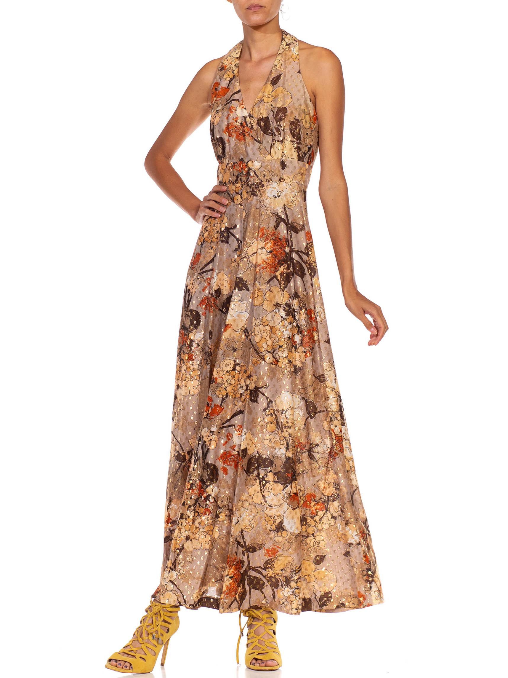 Women's 1970S Beige & Brown Polyester Lame Floral With Metallic Threads Halter Gown