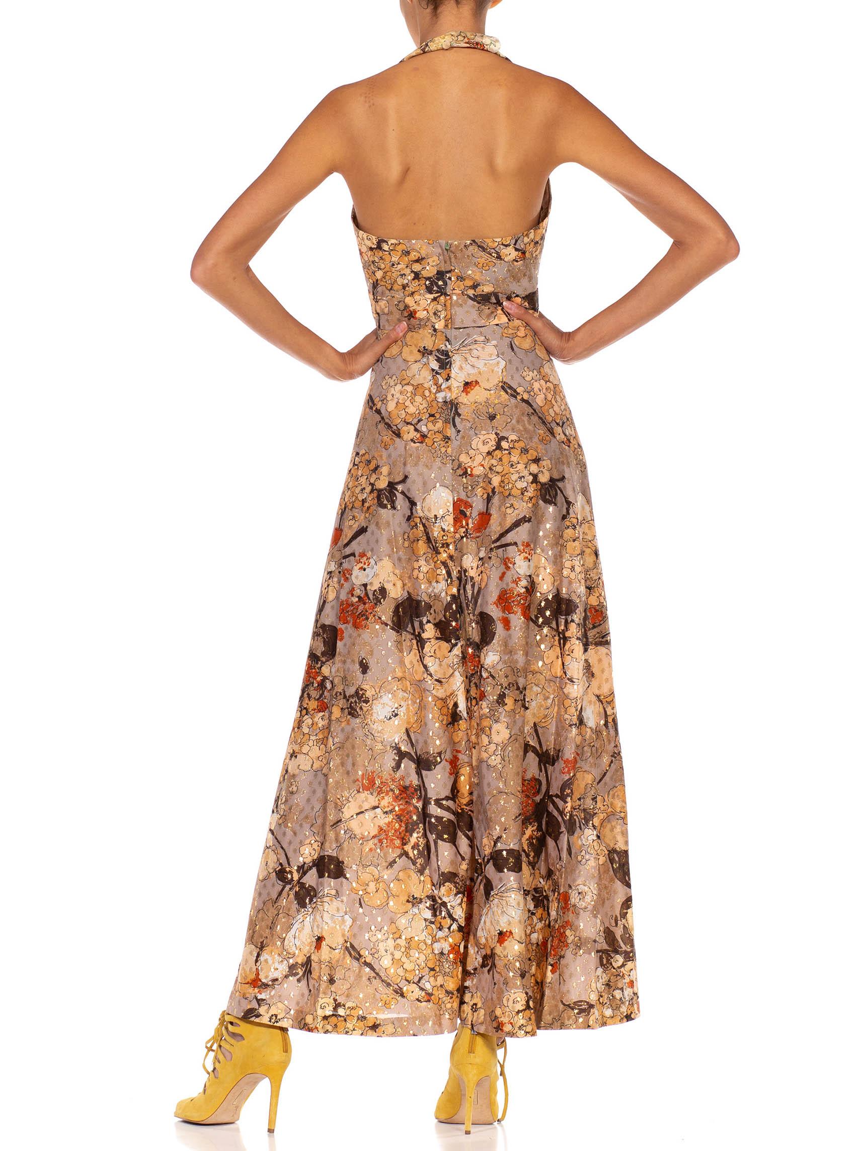 1970S Beige & Brown Polyester Lame Floral With Metallic Threads Halter Gown 5