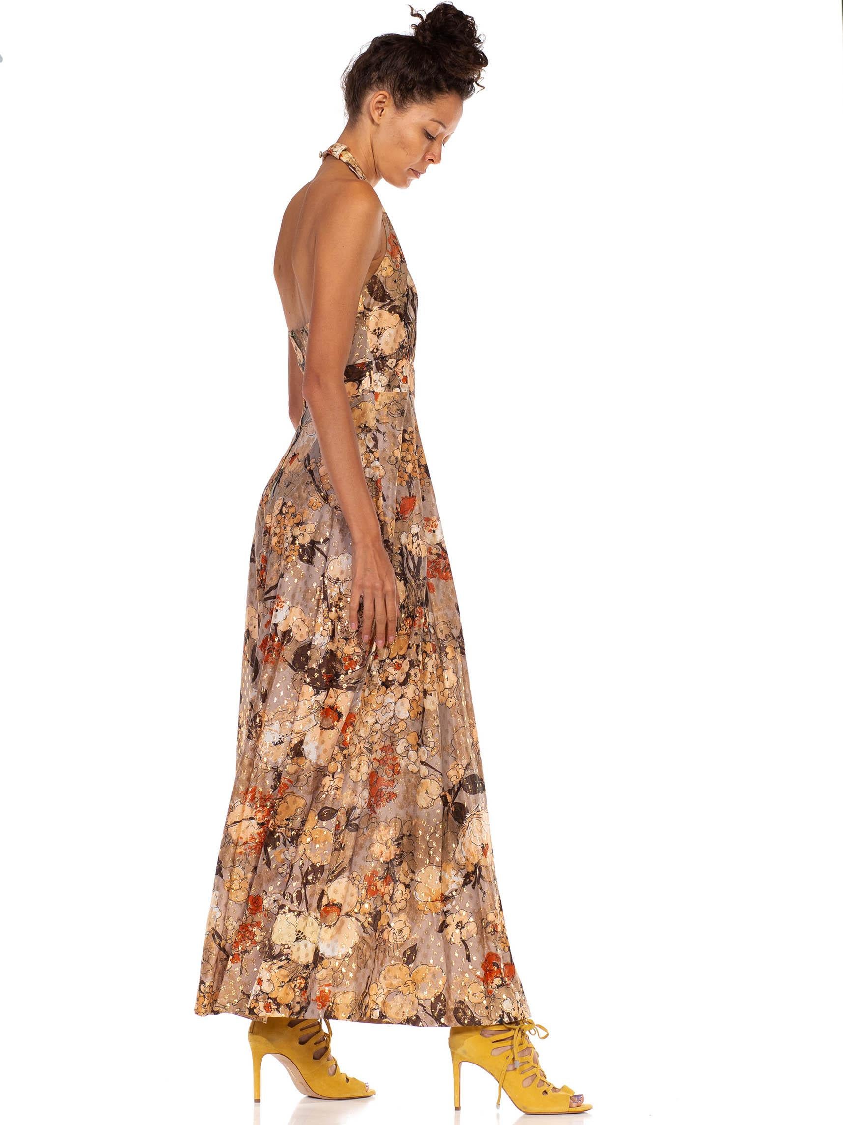 1970S Beige & Brown Polyester Lame Floral With Metallic Threads Halter Gown 6