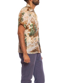 1970S Beige & Brown Polyester Men's Tropical Hawaiian Shirt