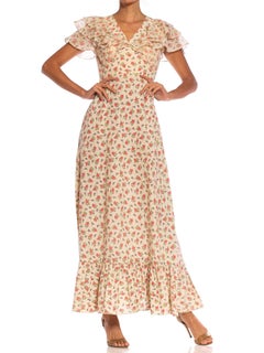 1970S Beige Cotton Muslin 1930S Style Floral Print Lawn Party Dress With Voile R