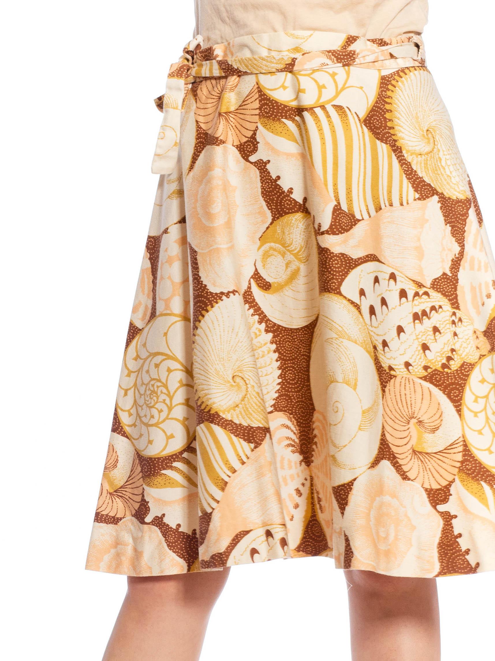 Women's 1970S Beige Cotton Seashell Printed Wrap Skirt For Sale